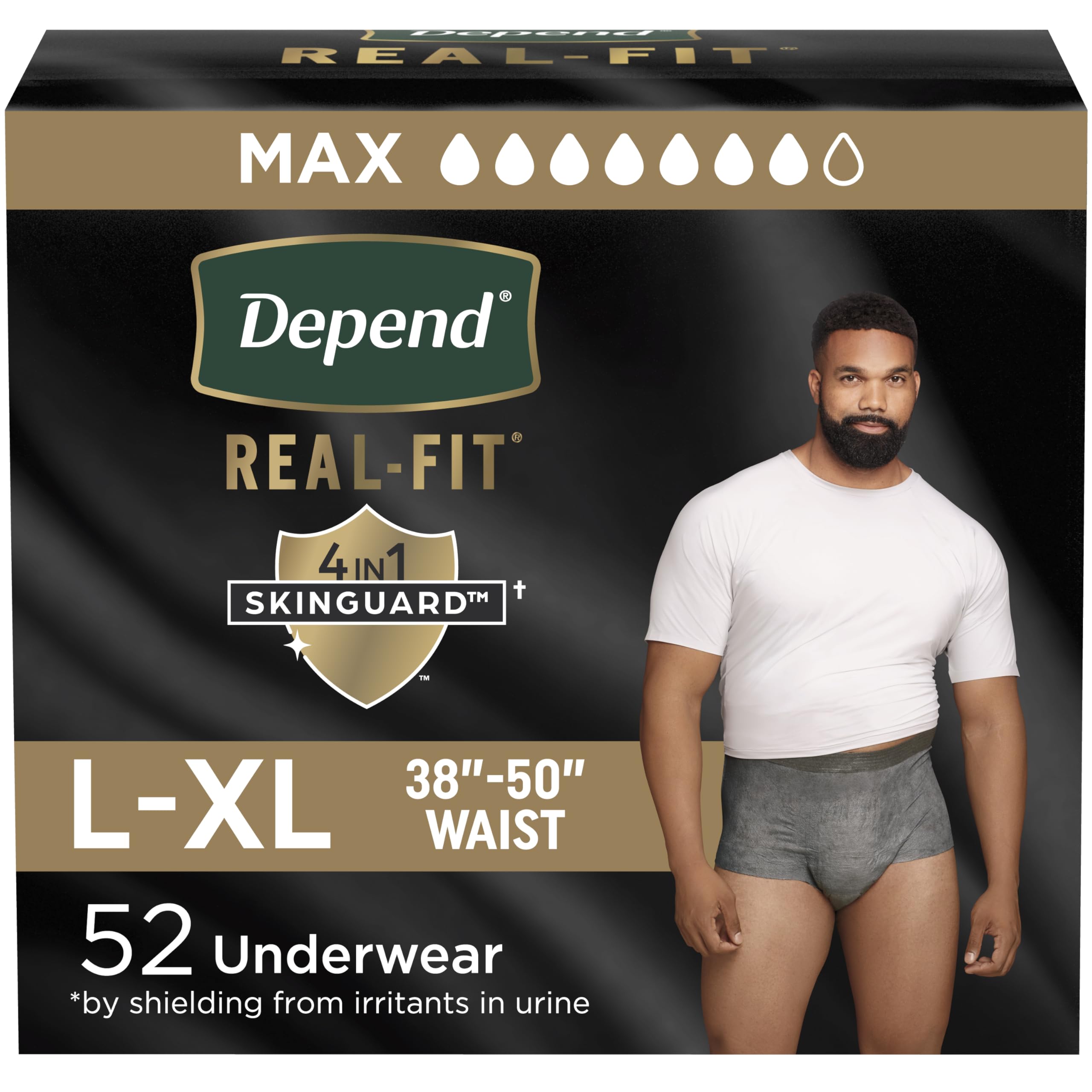 Depend Real Fit Adult Diapers, Incontinence Underwear for Men, Disposable, Maximum Absorbency, Large/Extra Large, 52 Count (2 Packs of 26), Packaging May Vary