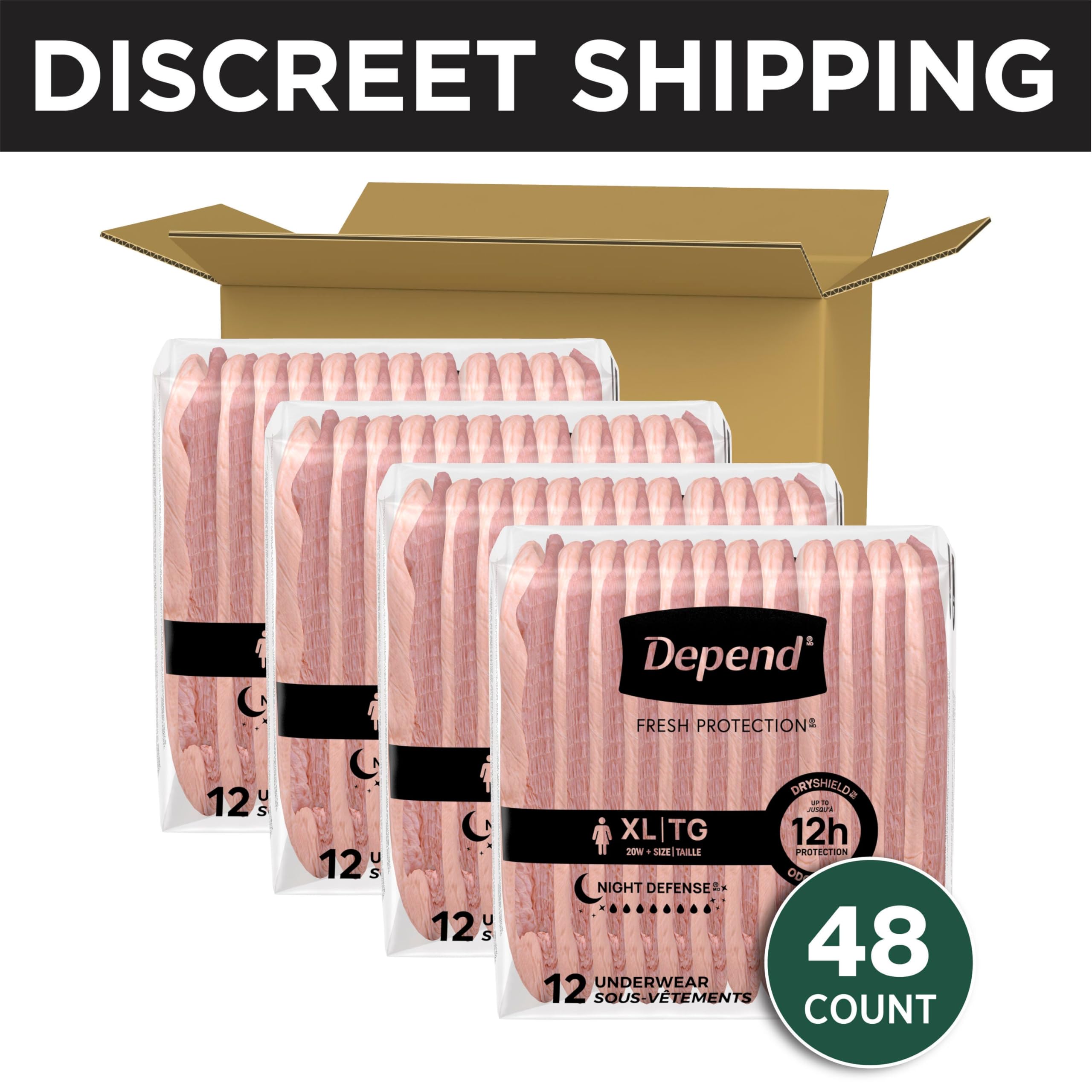 Depend Night Defense Adult Diapers, Incontinence & Postpartum Bladder Leak Underwear for Women, Disposable, Overnight, Extra-Large, Blush, 48 Count (4 Packs of 12), Packaging May Vary