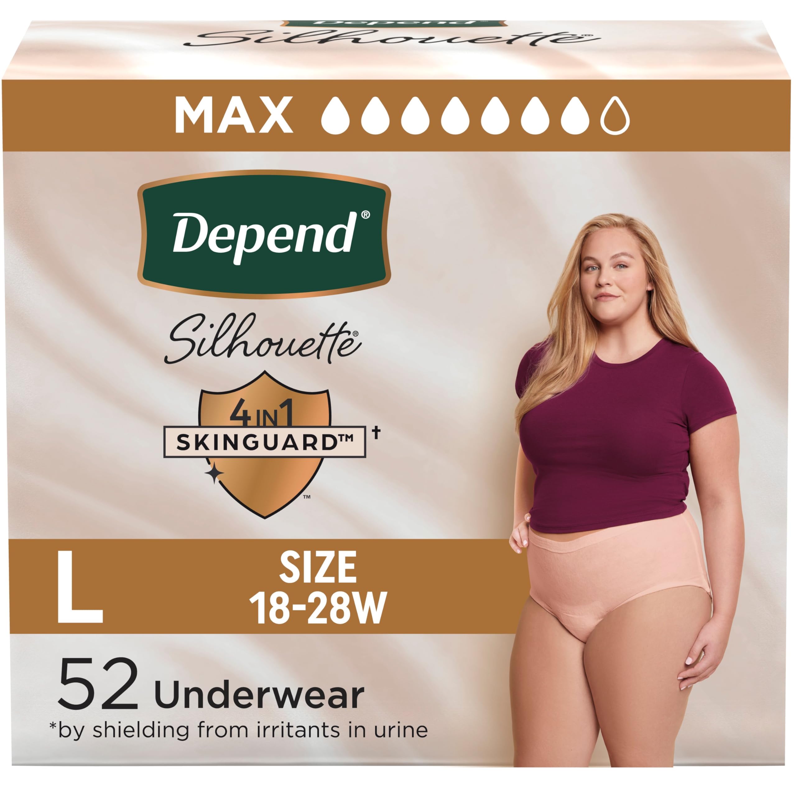 Depend Silhouette Adult Diapers, Incontinence & Postpartum Bladder Leak Underwear for Women, Maximum Absorbency, Large, Pink, 52 Count (2 Packs of 26), Packaging May Vary
