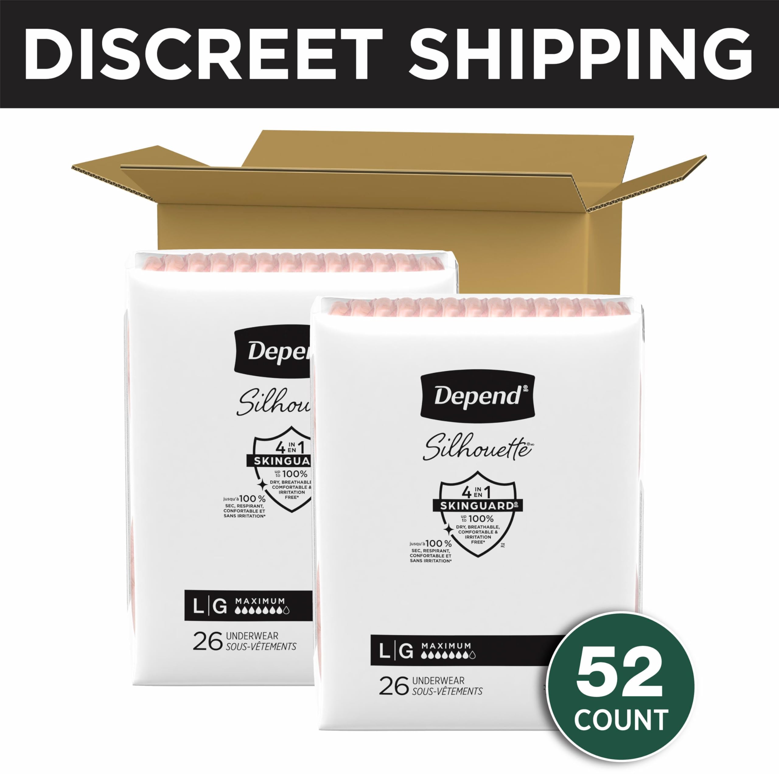Depend Silhouette Adult Diapers, Incontinence & Postpartum Bladder Leak Underwear for Women, Maximum Absorbency, Large, Pink, 52 Count (2 Packs of 26), Packaging May Vary