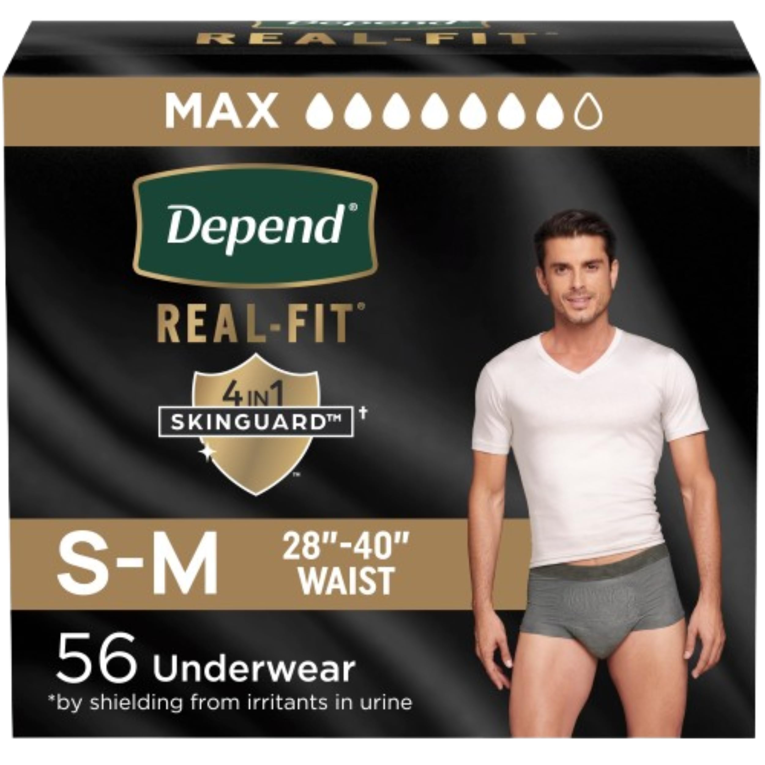 Depend Real Fit Adult Diapers, Incontinence Underwear for Men, Disposable, Maximum Absorbency, Small/Medium, Grey, 56 Count (2 Packs of 28), Packaging May Vary