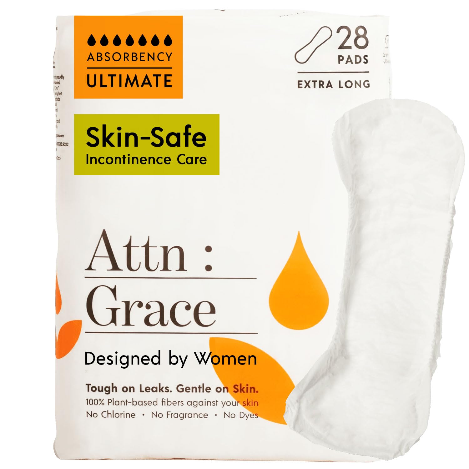 Attn: Grace Ultimate Incontinence Pads for Women, 28-Pack - High Absorbency, Breathable, Plant-Based - Overnight Pads for Heavy Bladder Leaks & Sensitive Skin