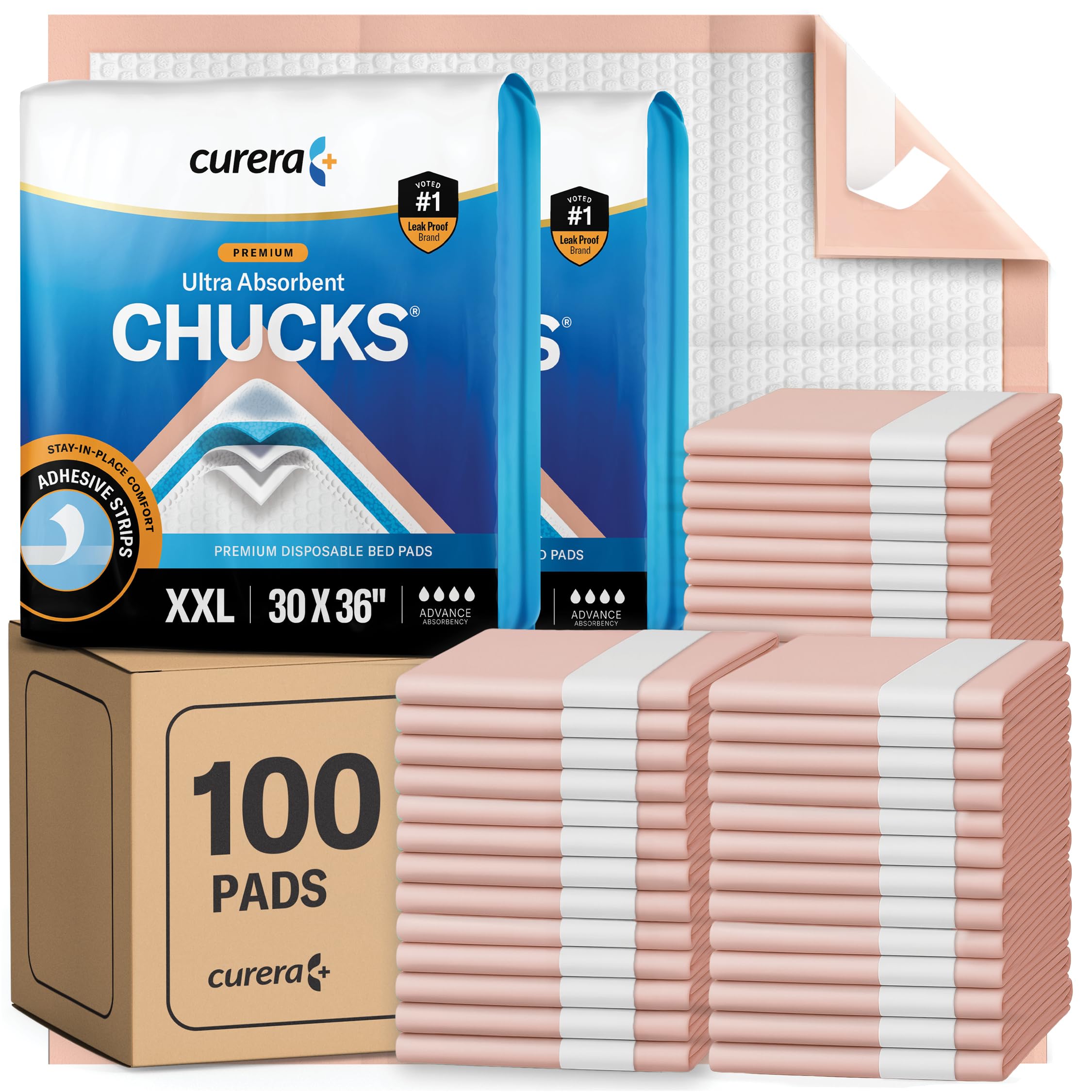Curera Chucks® Premium Disposable Underpads 30”x36” [100-Count] Ultra Absorbent Chux Incontinence Bed Pads Disposable Adult with Adhesive Tape, Pee Pads Pet Training Pads XX-Large 30x36 Bulk Pack