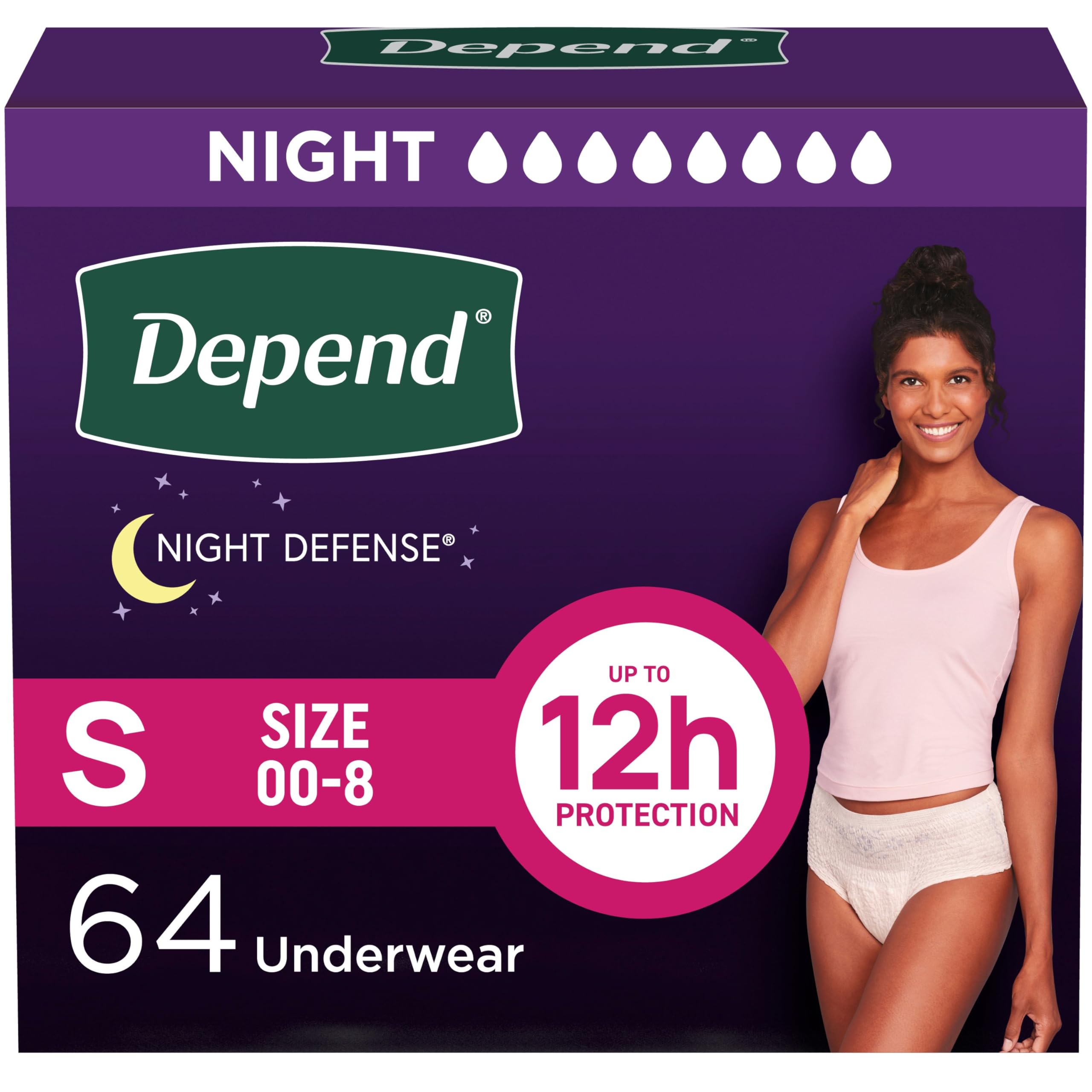 Depend Night Defense Adult Diapers, Incontinence & Postpartum Bladder Leak Underwear for Women, Disposable, Overnight, Small, Blush, 64 Count (4 Packs of 16), Packaging May Vary