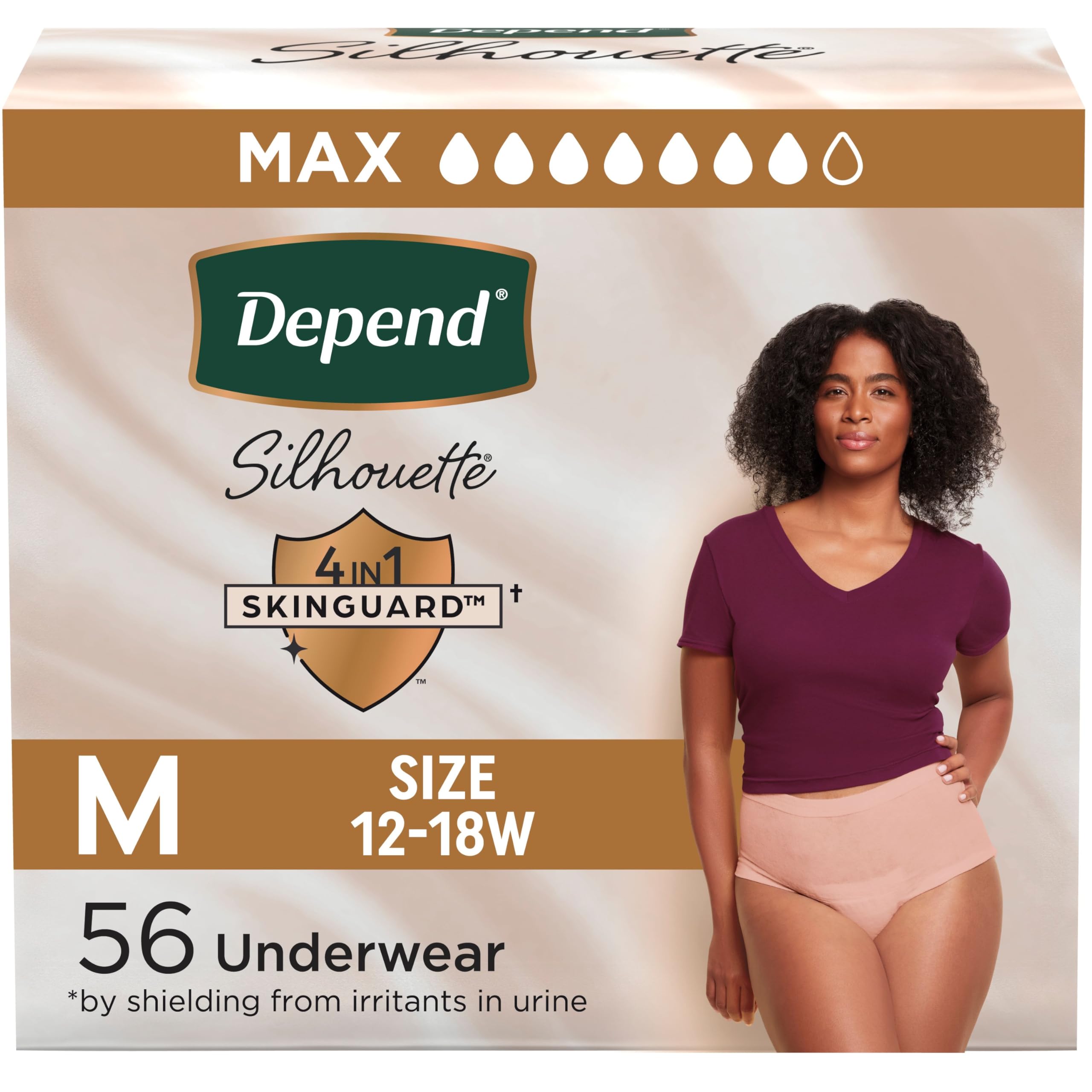 Depend Silhouette Adult Diapers, Incontinence & Postpartum Bladder Leak Underwear for Women, Maximum Absorbency, Medium, Pink, 56 Count (2 Packs of 28), Packaging May Vary