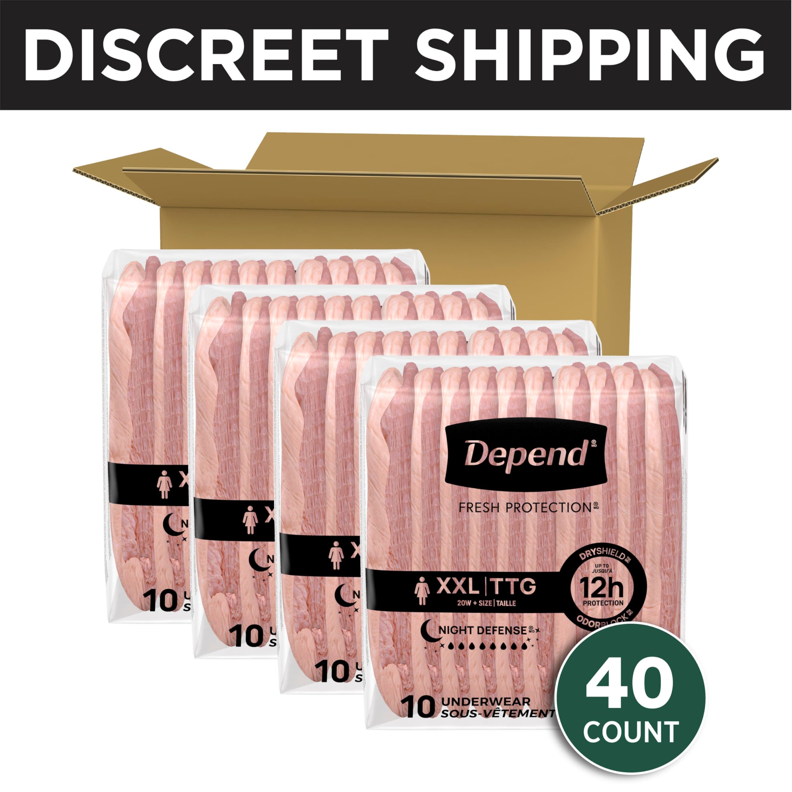 Depend Night Defense Adult Diapers, Incontinence & Postpartum Bladder Leak Underwear for Women, Disposable, Overnight, Extra-Extra-Large, Blush, 40 Count (4 Packs of 10), Packaging May Vary