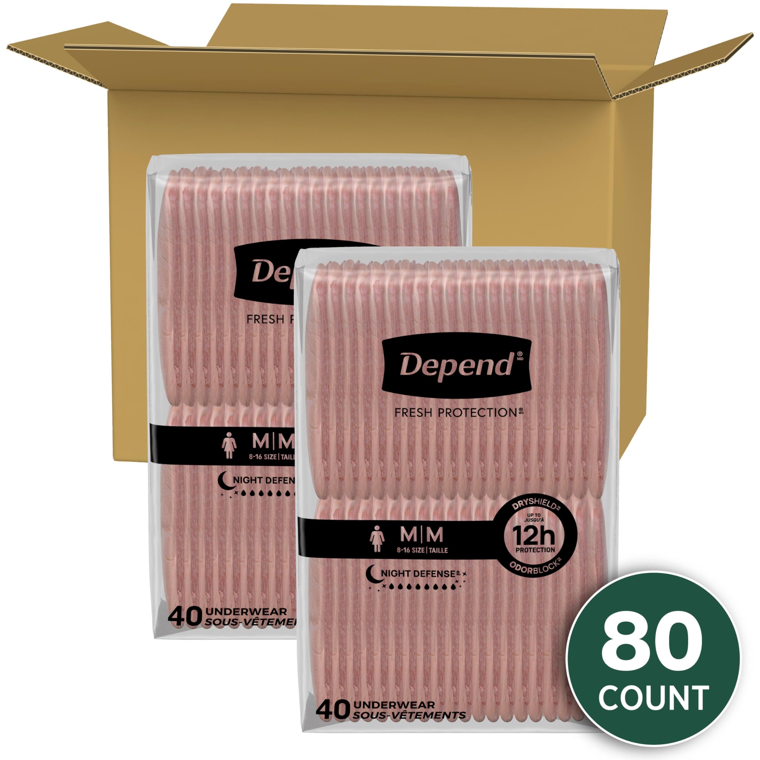 Depend Night Defense Adult Diapers, Incontinence & Postpartum Bladder Leak Underwear for Women, Disposable, Overnight, Medium, Blush, 80 Count, Packaging May Vary