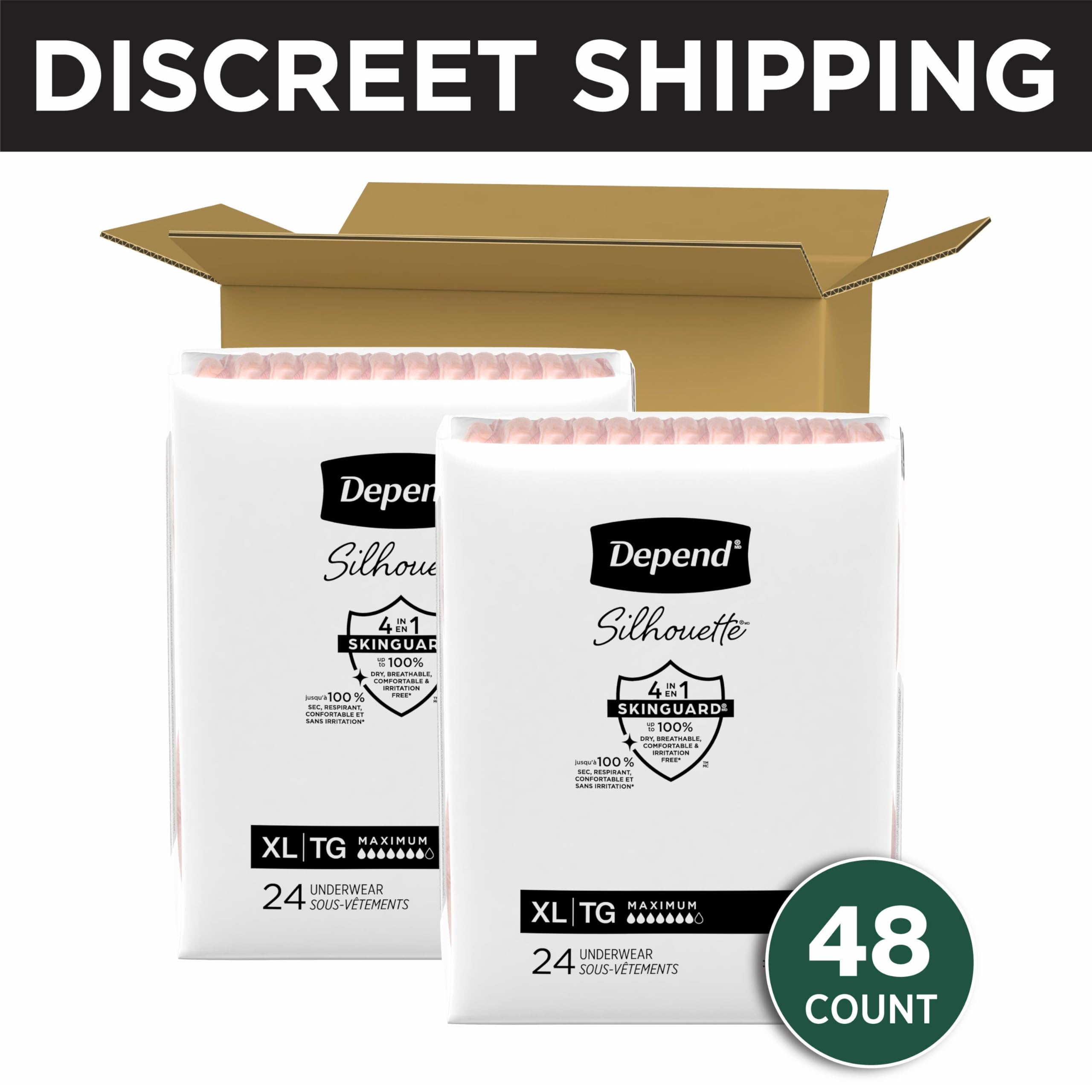 Depend Silhouette Adult Diapers, Incontinence & Postpartum Bladder Leak Underwear for Women, Maximum Absorbency, Extra Large, Pink, 48 Count (2 Packs of 24), Packaging May Vary