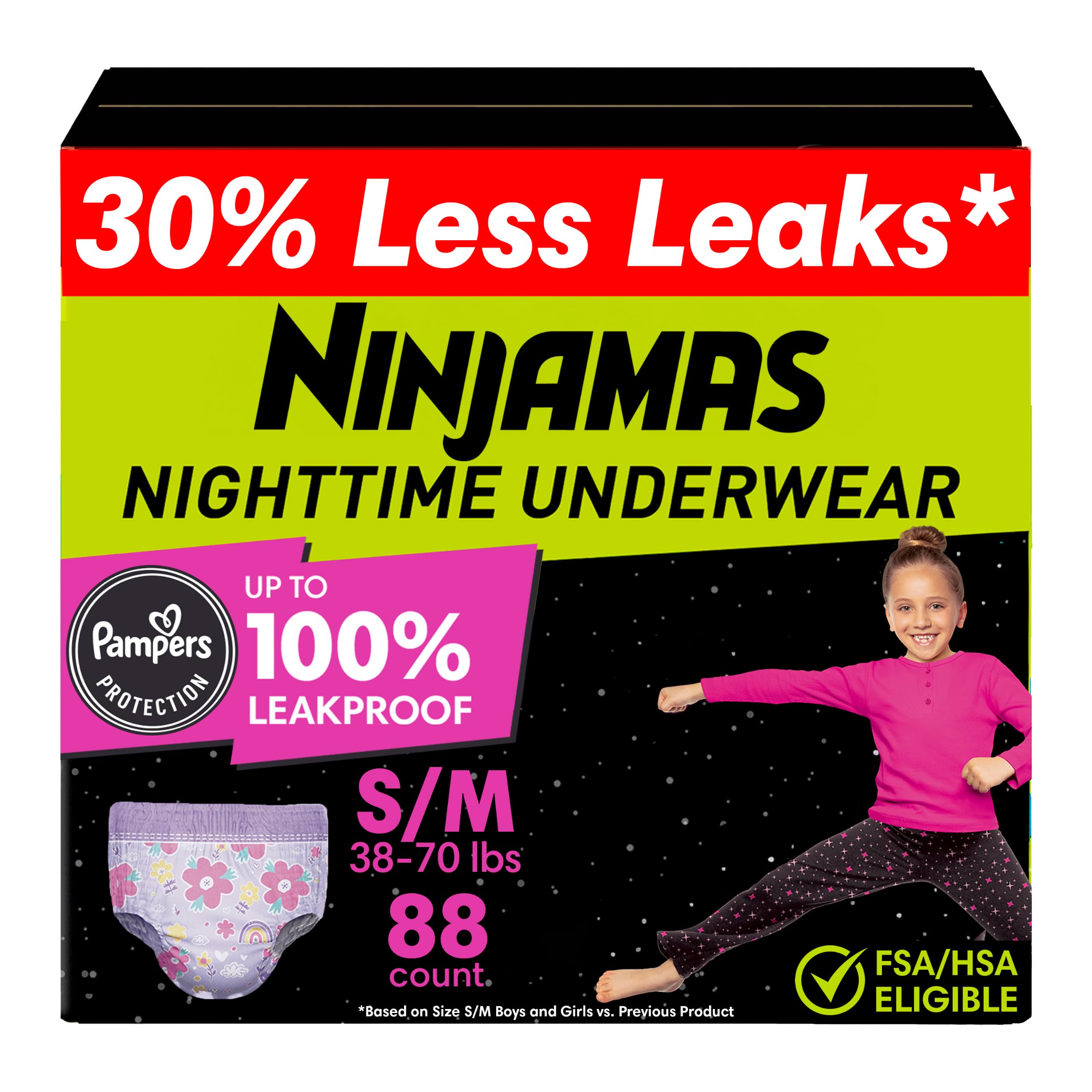 Ninjamas Girls Bedwetting Nighttime Underwear, Size S/M (38-70 lbs), 88 Count, Overnight Protection, Ultra Absorbent, Hypoallergenic