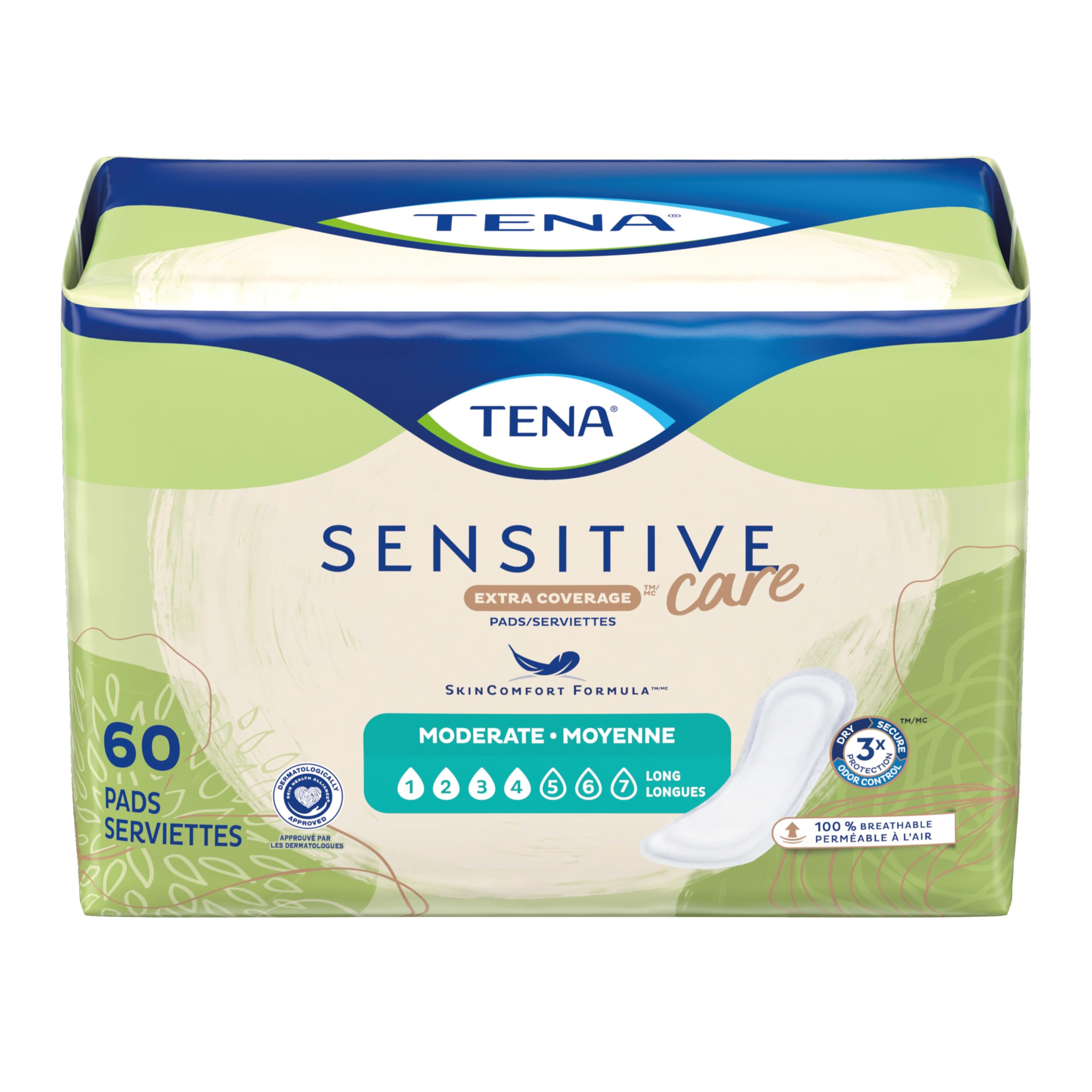 TENA Sensitive Care Extra Coverage Moderate Long Incontinence Bladder Control Pad, 60 count