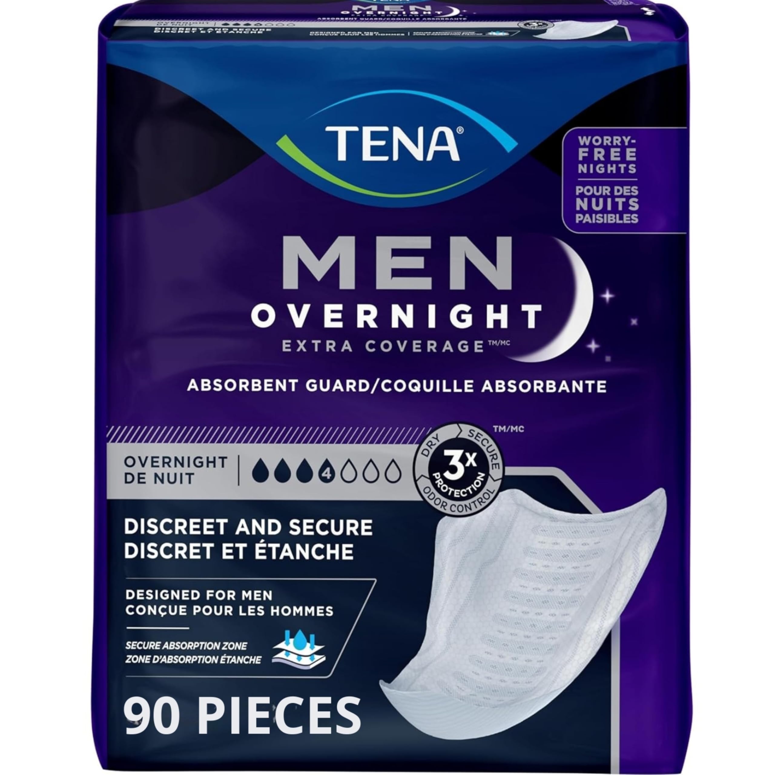 TENA Incontinence Guards, Overnight Absorbency & Advanced Odor Protection, Incontinence Guards for Men, 90 ct