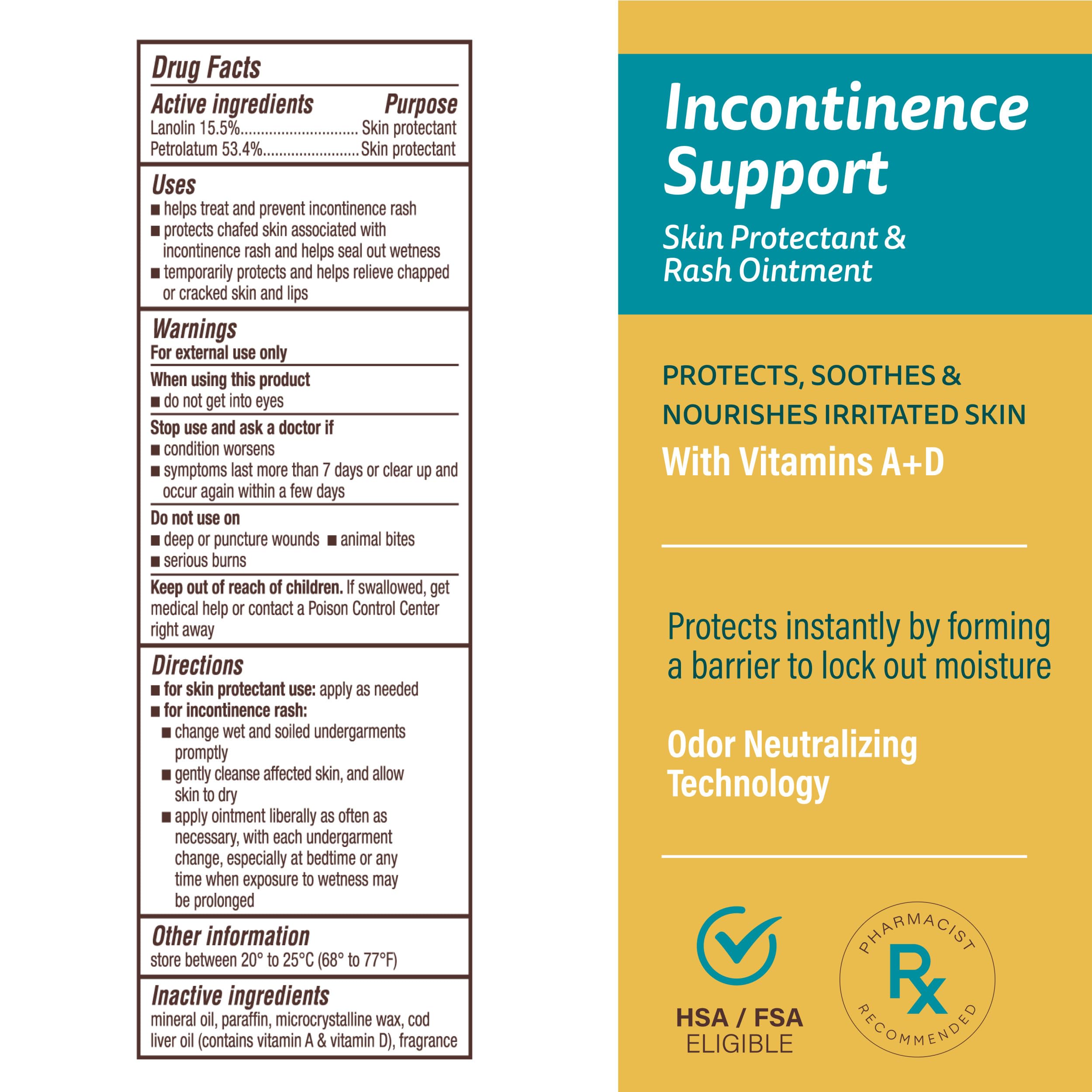 A+D Incontinence Support Skin Protectant & Rash Ointment – Treats & Prevents Incontinence Rash, Soothes Chafed Skin, Odor Neutralizing Technology - 3.5oz