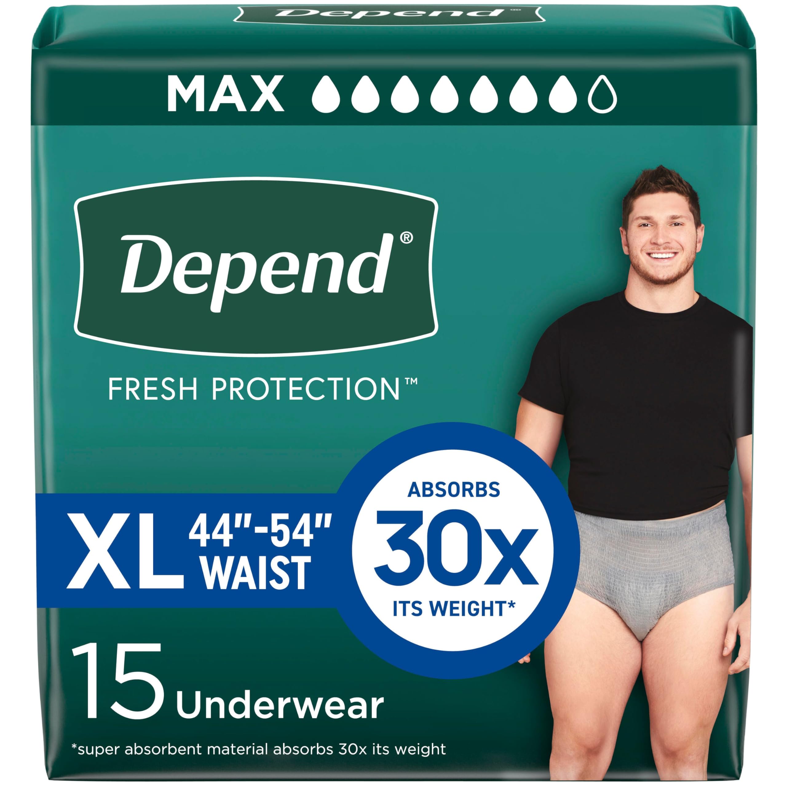 Depend Fresh Protection Adult Diapers, Incontinence Underwear for Men, Disposable, Maximum, Extra-Large, Grey, 15 Count, Packaging May Vary