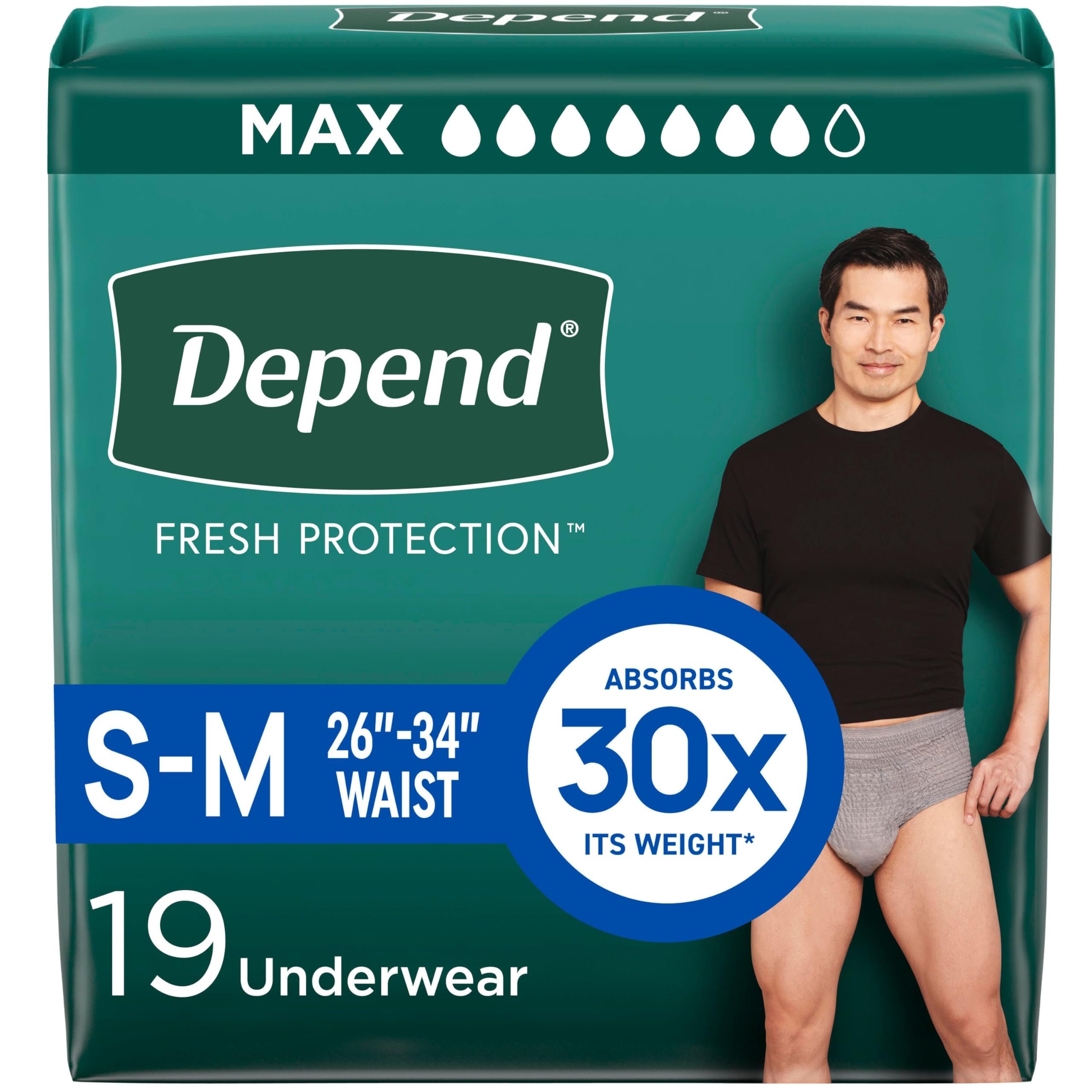 Depend Fresh Protection Adult Diapers, Incontinence Underwear for Men, Disposable, Maximum, Small/Medium, Grey, 19 Count, Packaging May Vary