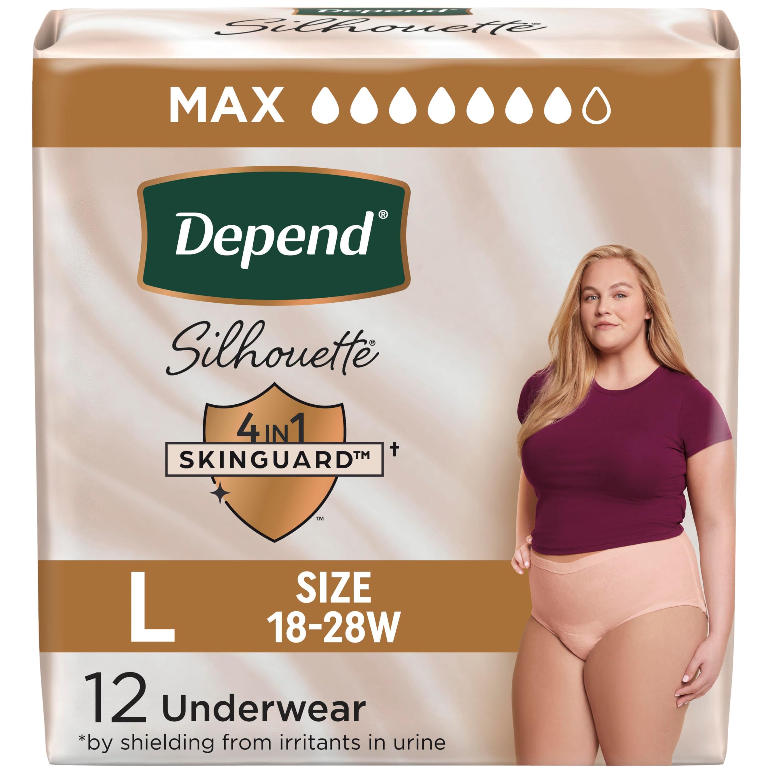 Depend Silhouette Adult Diapers, Incontinence & Postpartum Bladder Leak Underwear for Women, Maximum Absorbency, Large, Pink, 12 Count, Packaging May Vary