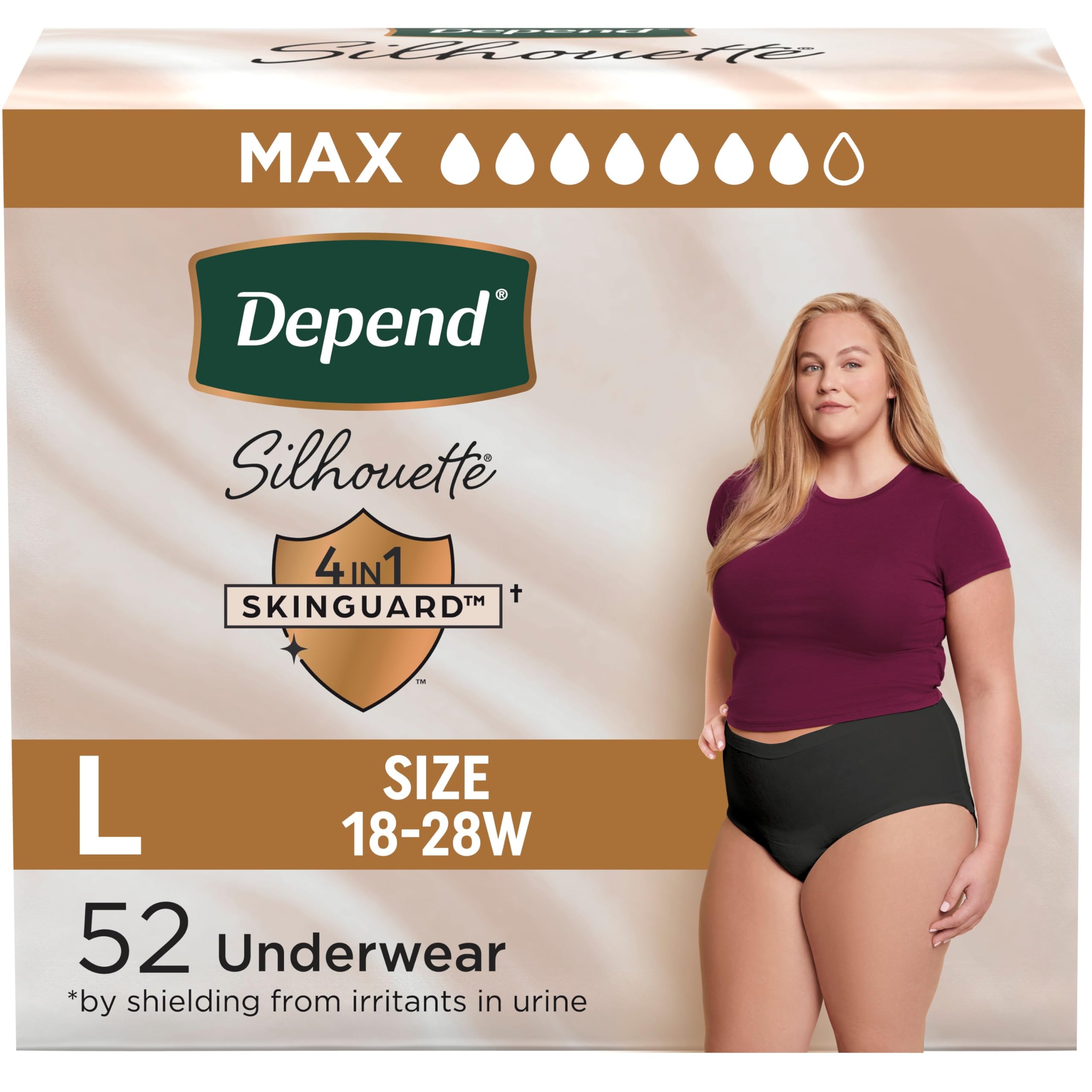 Depend Silhouette Adult Diapers, Incontinence & Postpartum Bladder Leak Underwear for Women, Maximum Absorbency, Large, Black, 52 Count (2 Packs of 26), Packaging May Vary