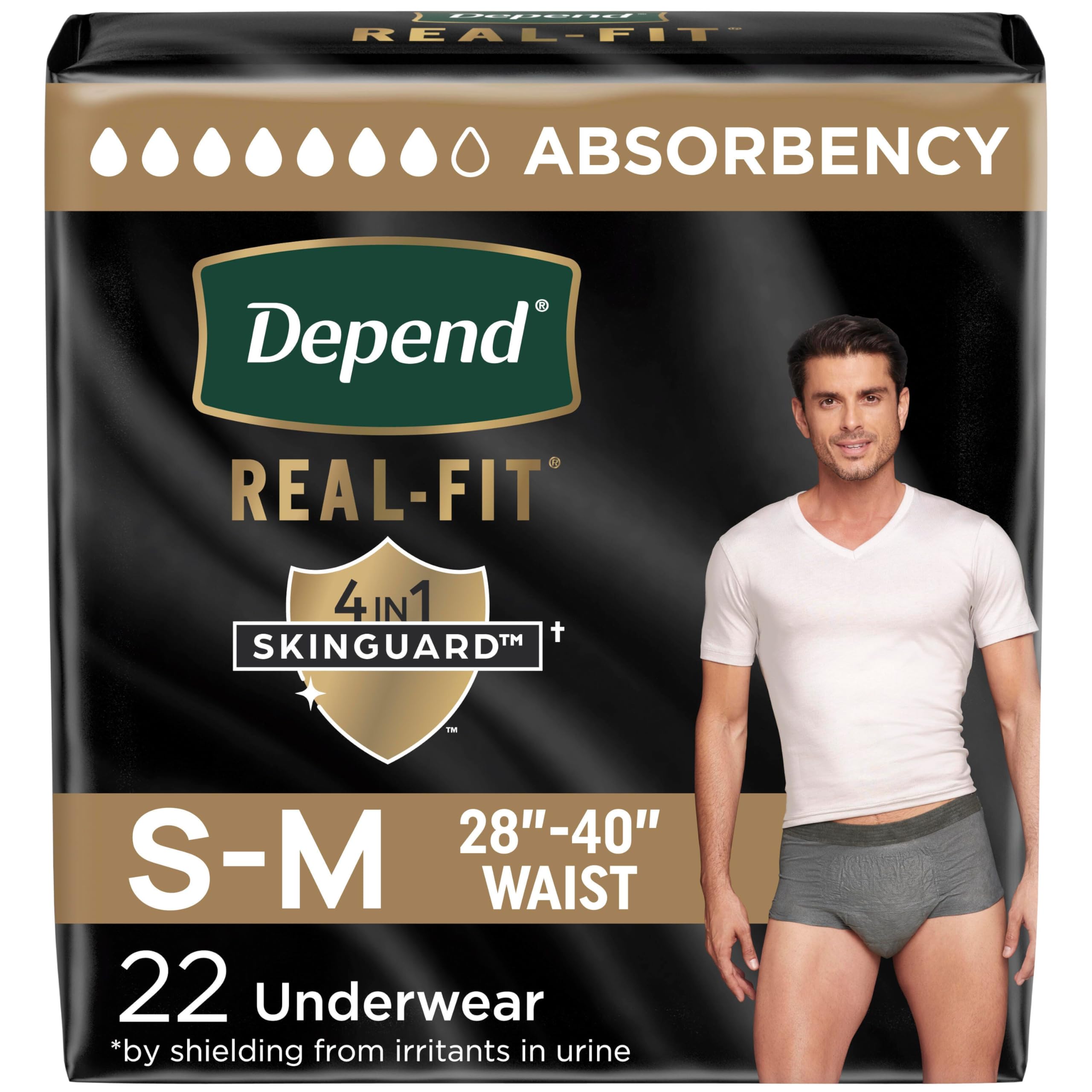 Depend Real Fit Adult Diapers, Incontinence Underwear for Men, Disposable, Maximum Absorbency, Small/Medium, Grey, 22 Count, Packaging May Vary