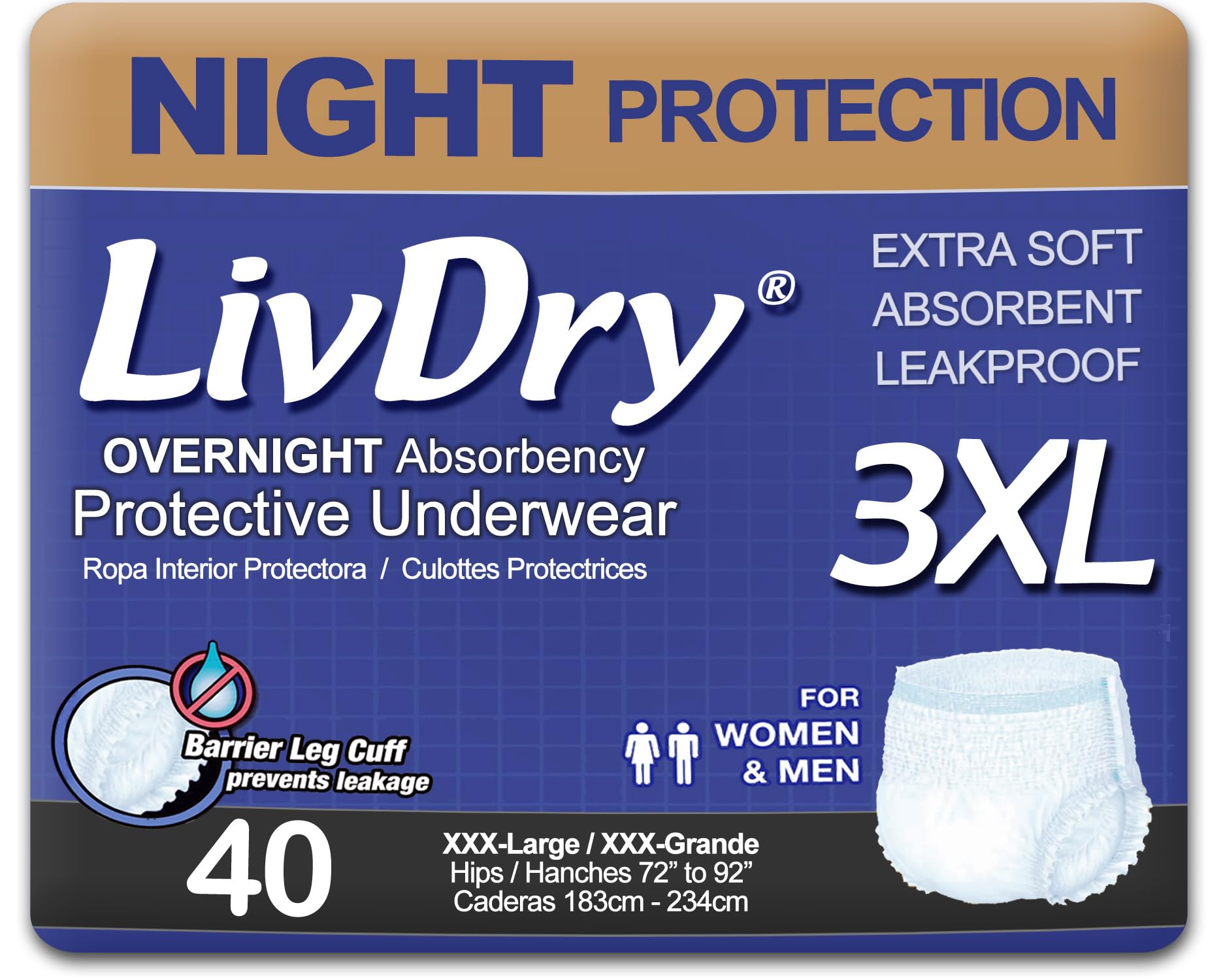 LivDry 3XL Overnight Adult Diapers for Women and Men, XXXL Incontinence Underwear, 72”-92" Waist, Disposable Pull-On Briefs, XXX-Large, 40 Count