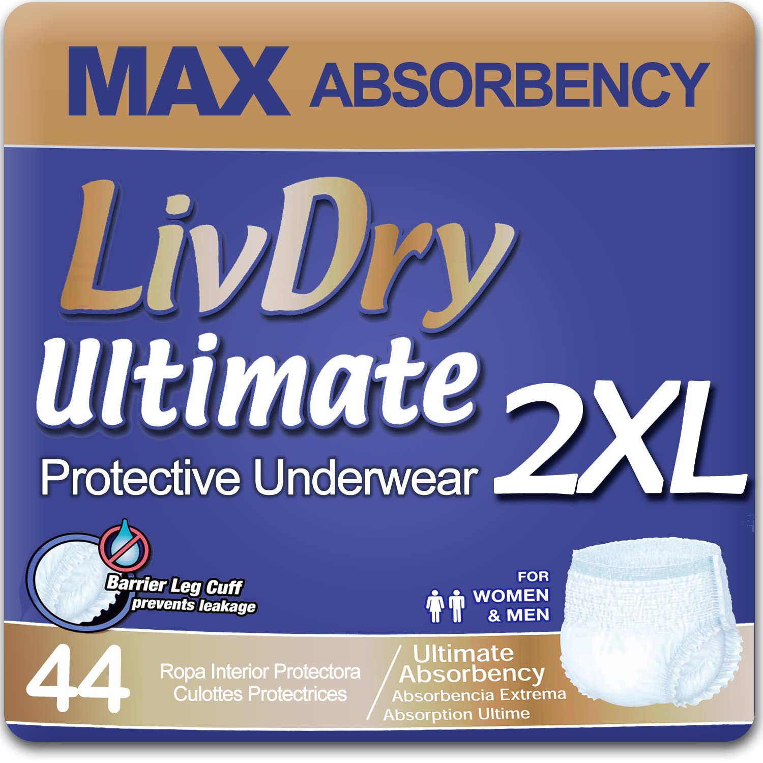LivDry Ultimate 2XL Adult Incontinence Underwear, Max Absorbant Diapers for Women and Men, XXL 60” -80" Waist, Leak Proof Cuff, XX-Large, 44 Pack
