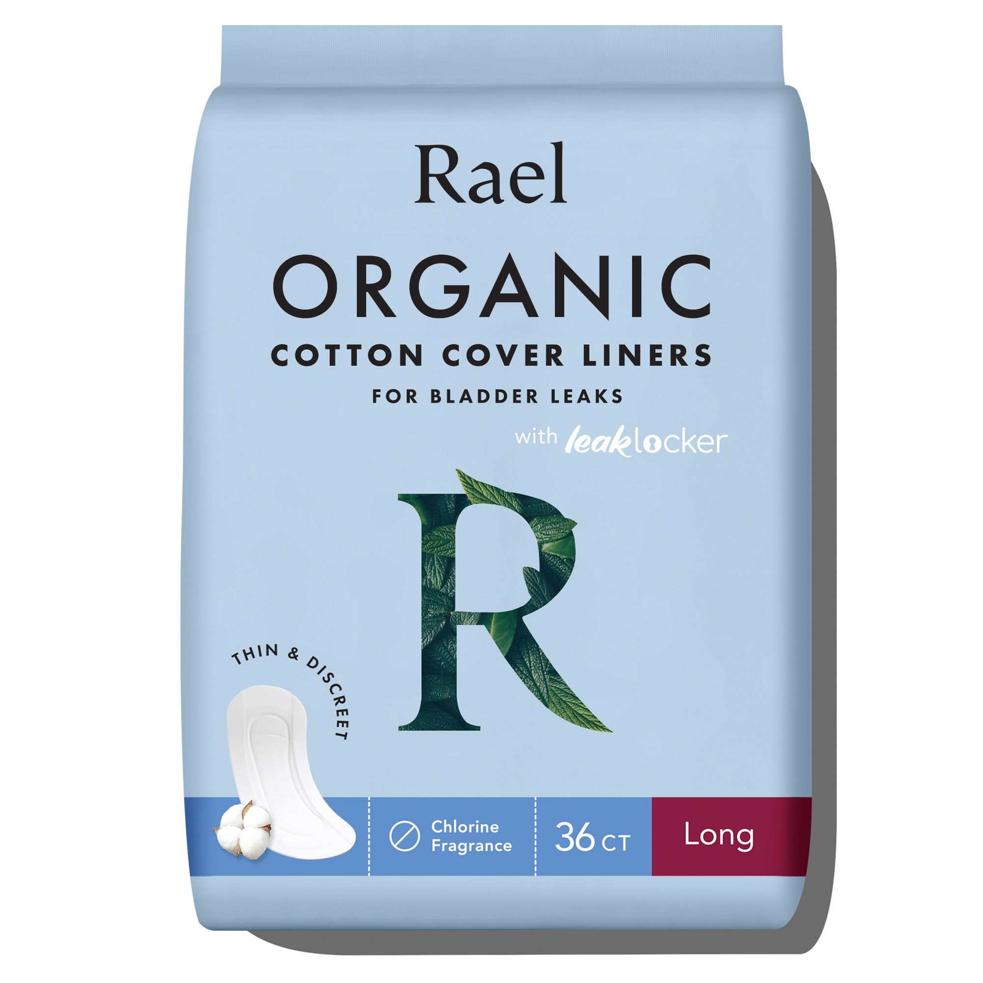Rael Incontinence Liners for Women, Organic Cotton Cover, Postpartum Essential, Moderate Absorbency, Bladder Control, 4-Layer Core with Leak Guard Technology (Long, 36 Count)