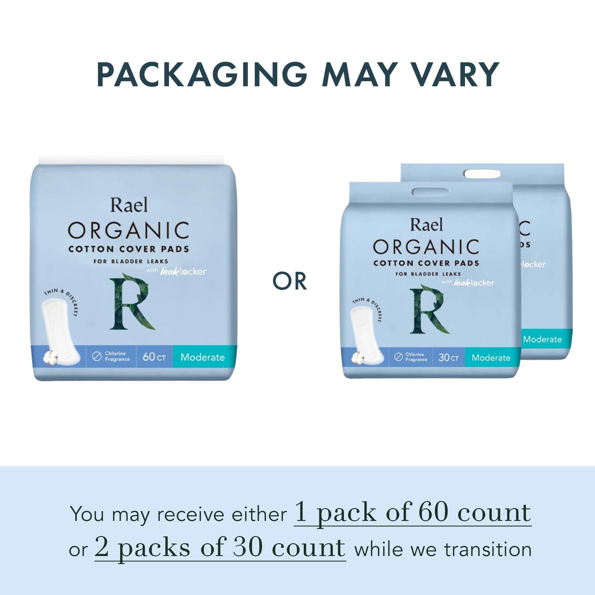 Rael Incontinence Pads for Women, Organic Cotton Cover, Postpartum Essential, Heavy Absorbency, Bladder Control, 4-Layer Core with Leak Guard Technology, Long Length (Moderate, 60 Count)