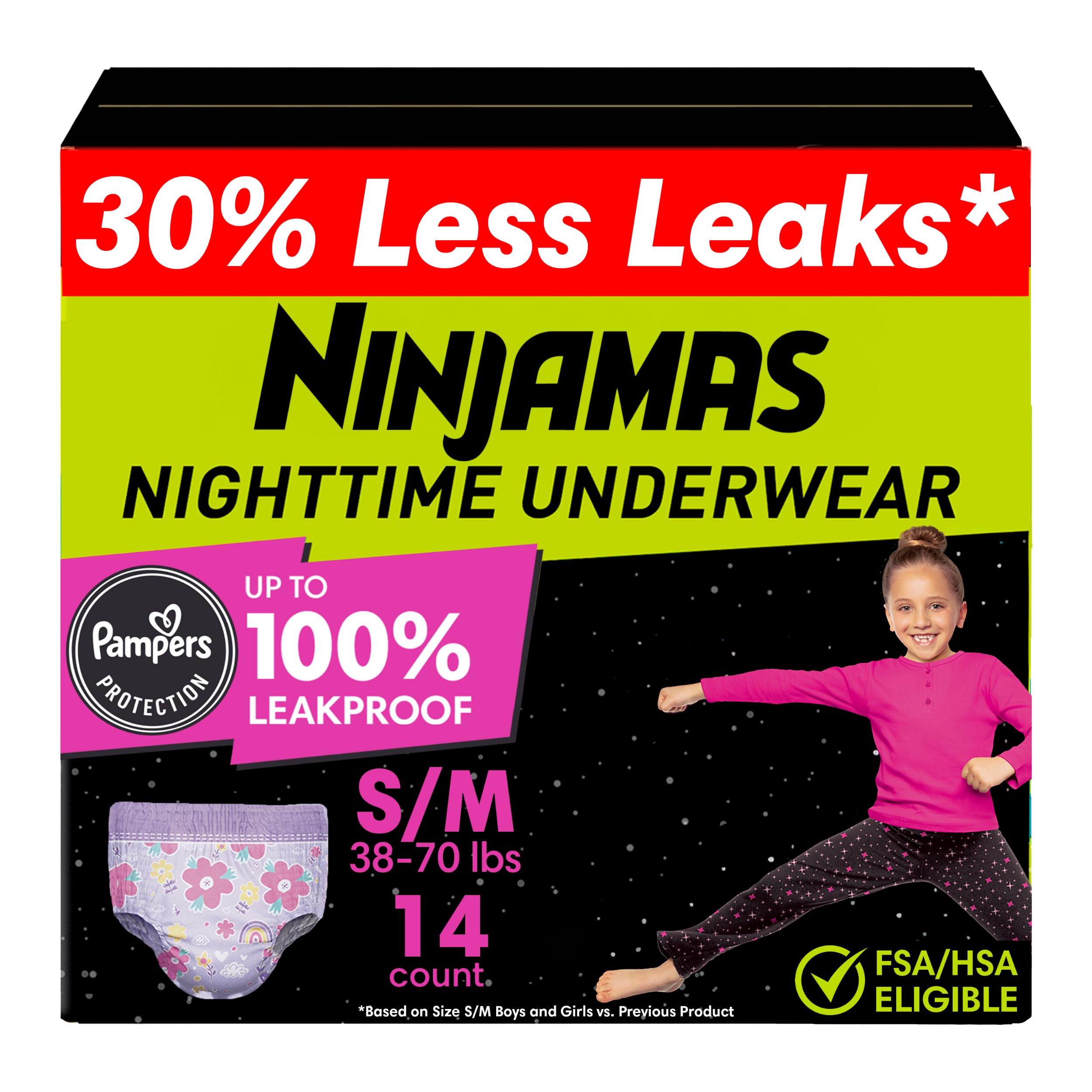 Ninjamas Girls Bedwetting Nighttime Underwear - Size S/M (38-70 lbs), 14 Count, Overnight Protection, Ultra Absorbent, Hypoallergenic