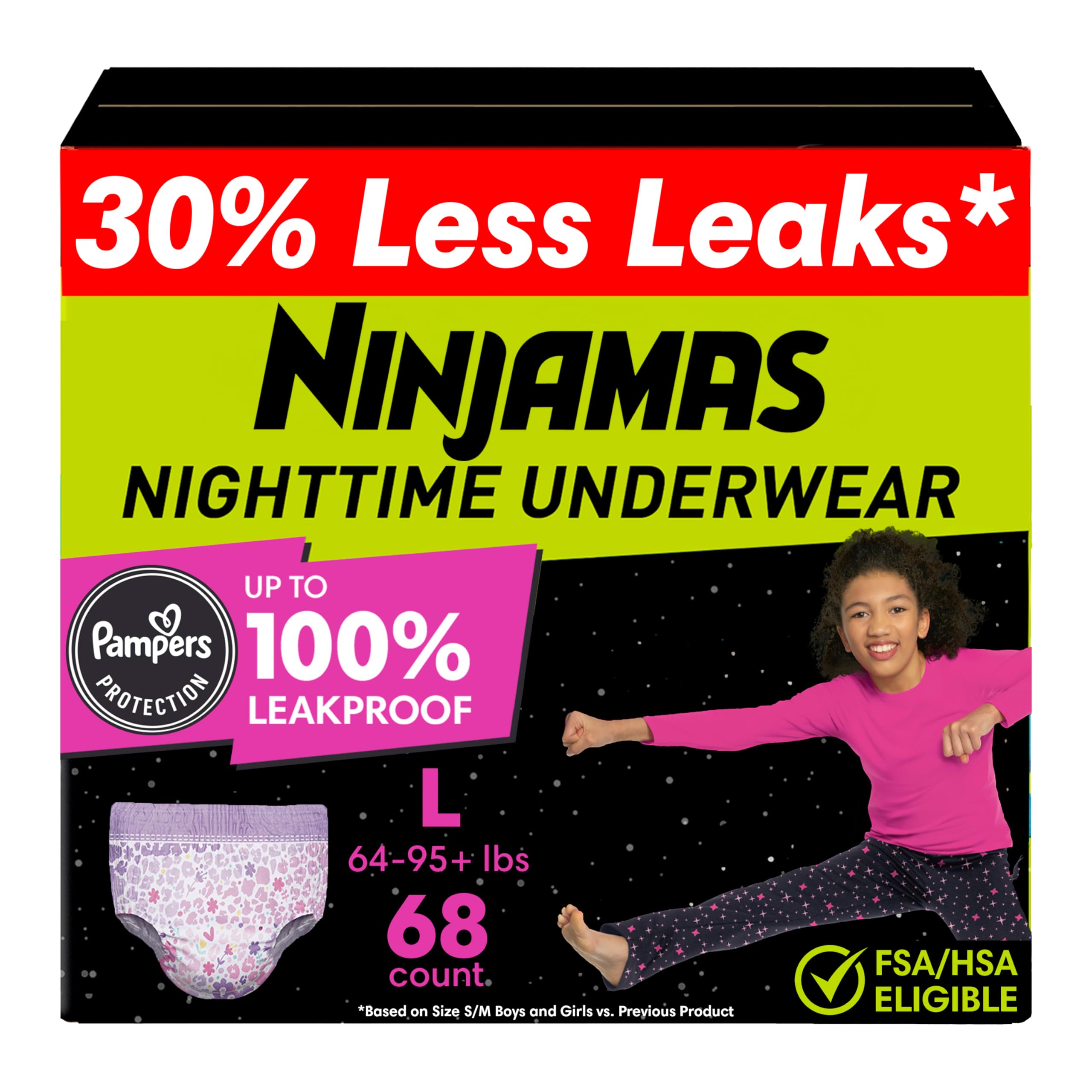 Ninjamas Girls Bedwetting Nighttime Underwear, Pampers Pull Ups Size L (64-95+ lbs), 68 Count, Overnight Underwear Kids, Ultra Absorbent, Hypoallergenic