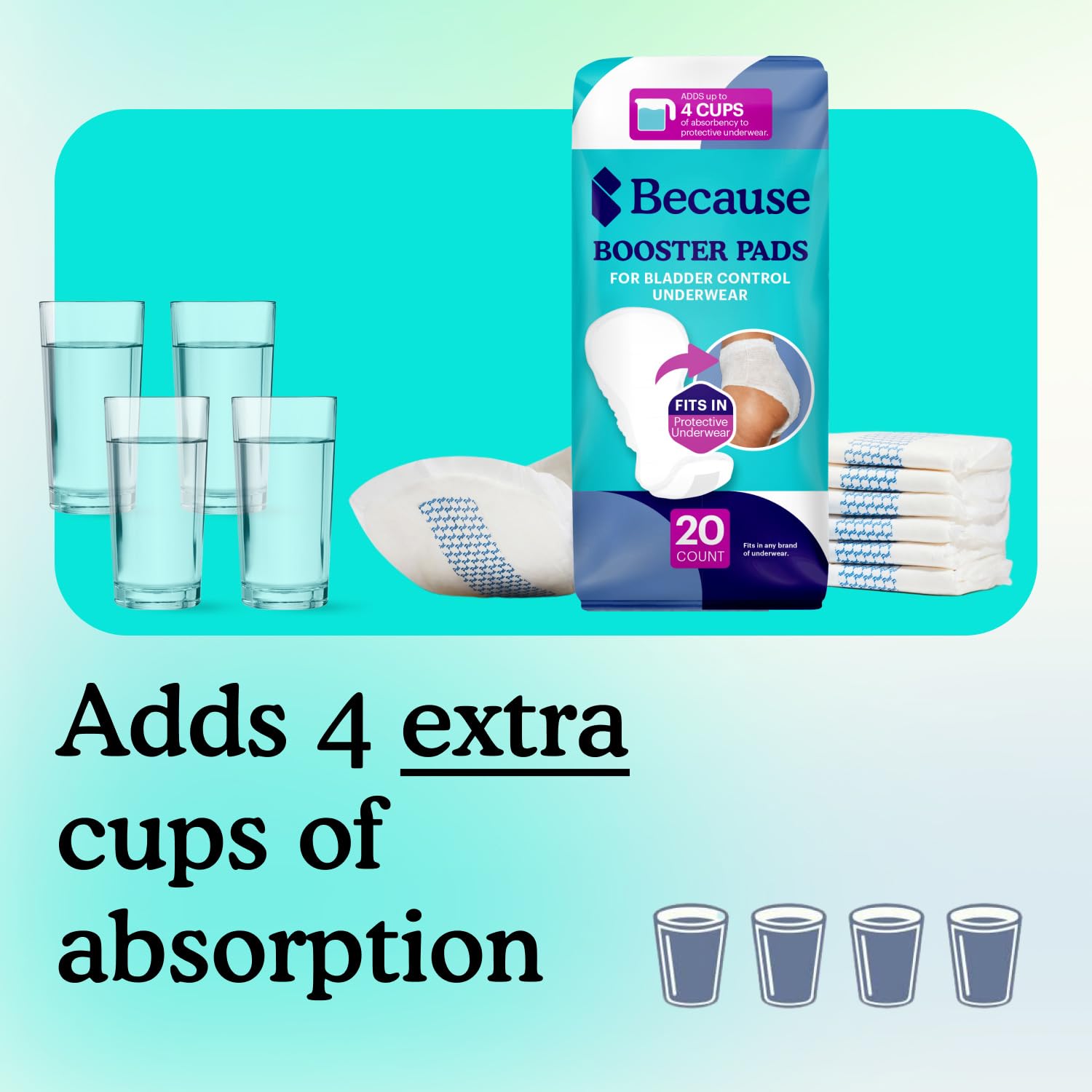 Because Overnight Booster Pads Fit All Adult Diapers, Helps Keep Your Adult Diaper Active All Night, Adds 4 Cups to Incontinence Underwear, Extra Absorbency, 180 Count (Packaging May Vary)