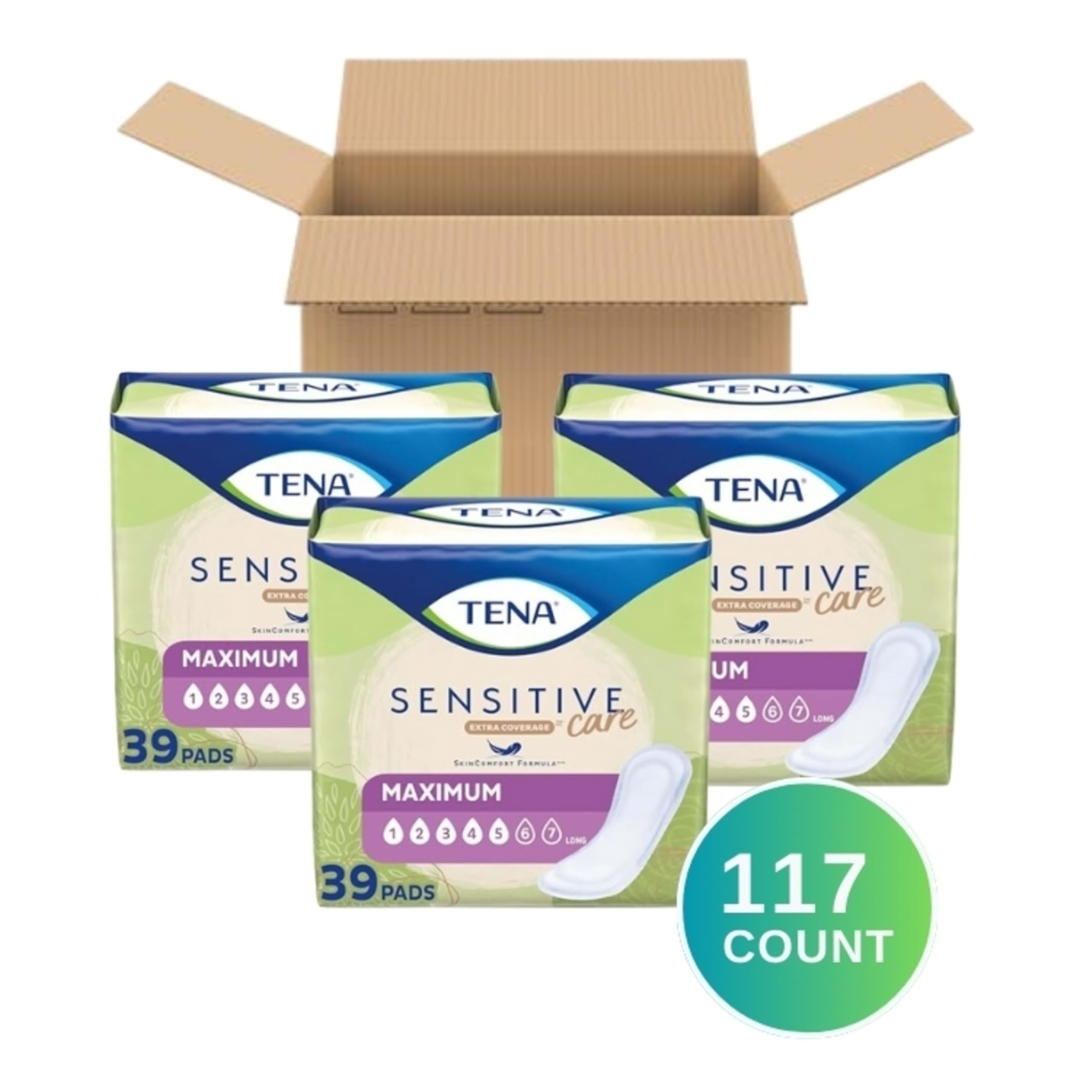 TENA Sensitive Care Incontinence Pads for Women, Bladder Control & Postpartum, Maximum Absorbency, Long - 117 Count