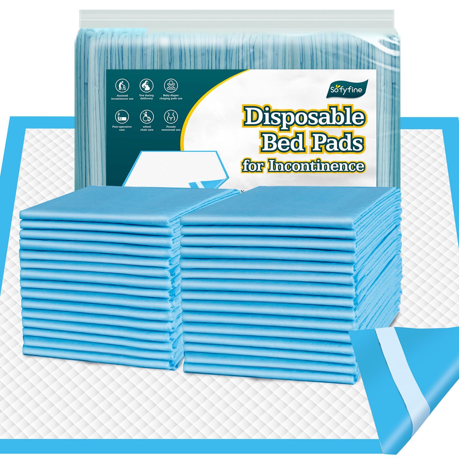 SOFYFINE 50 Count Bed Pads with Adhesive Strip 30"x36" Thicken Elderly Adults Incontinence Underpads Disposable, Heavy Duty Absorbent Chucks Waterproof, XL Extra Large Puppy Pee Training Pad