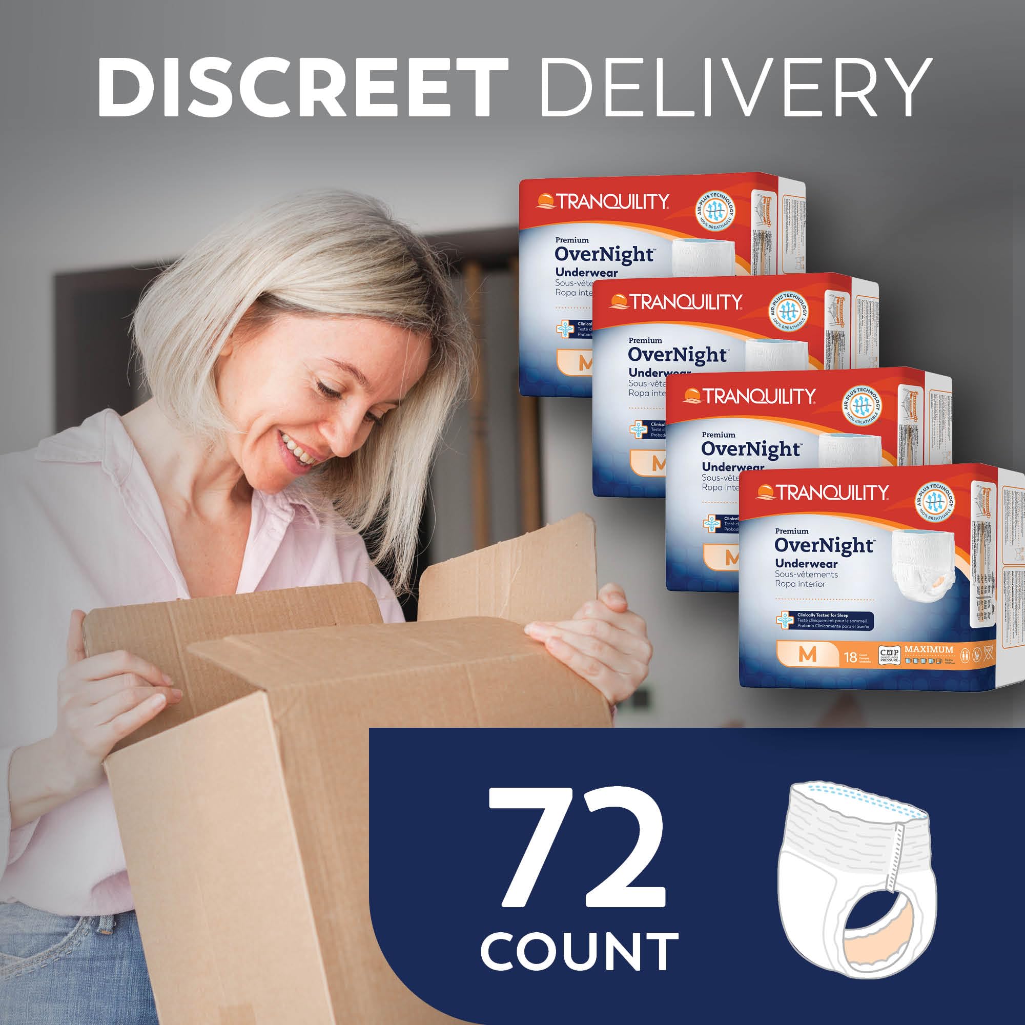 Tranquility Premium OverNight Disposable Absorbent Underwear (72 Count) - M, 34-48 in. Waist - Maximum Absorbency, All-Night Sleep, Breathable Comfort, 72 Adult Diapers