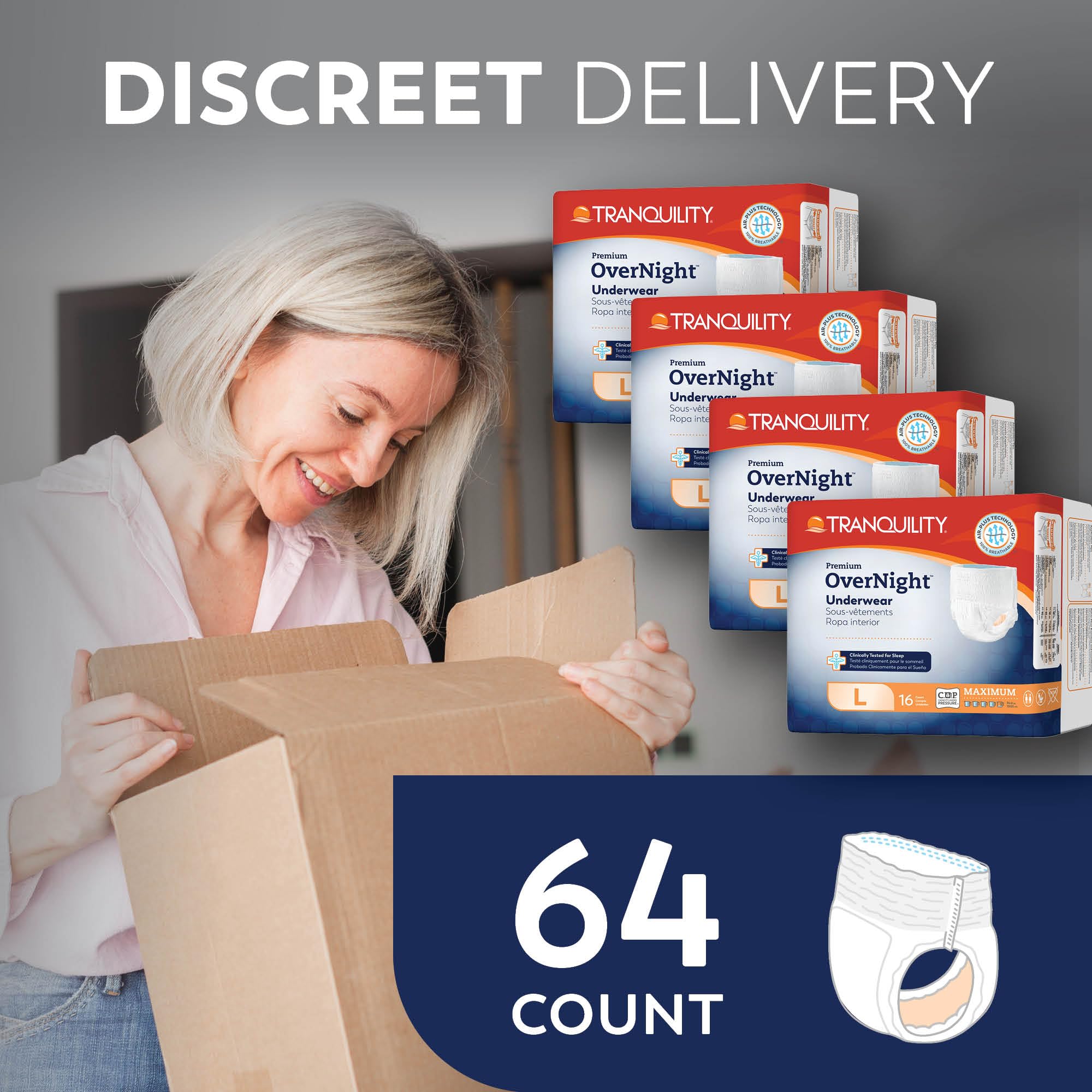 Tranquility Premium OverNight Disposable Absorbent Underwear (64 Count) - L, 44-54 in. Waist - Maximum Absorbency, All-Night Sleep, Breathable Comfort, 64 Adult Diapers