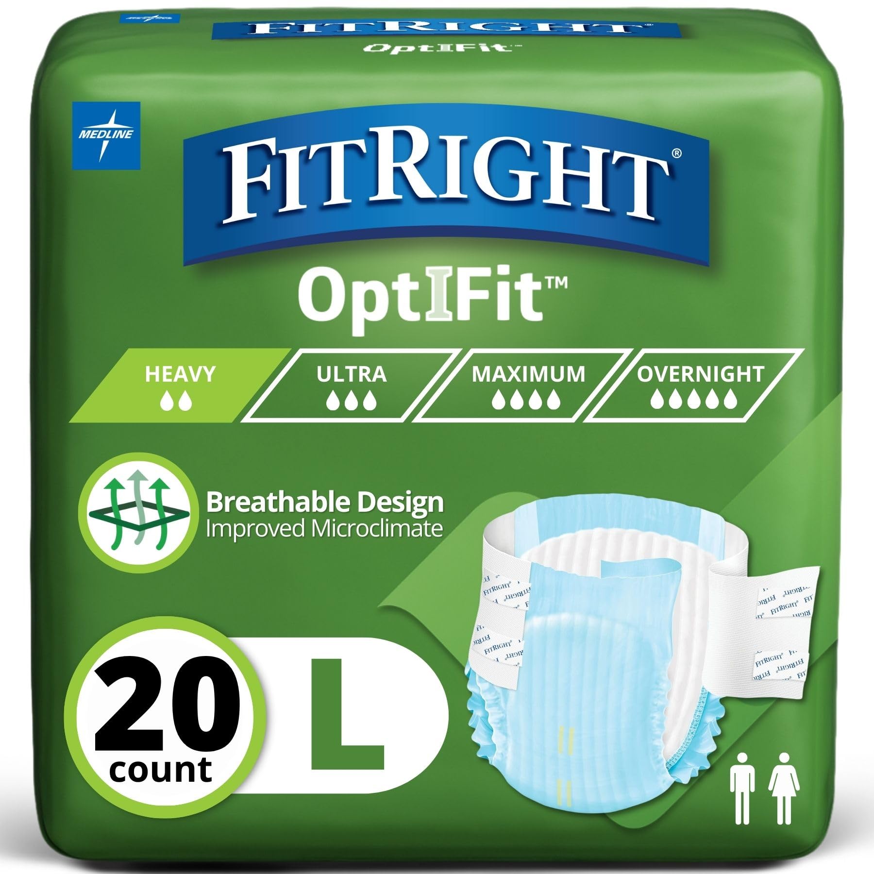 FitRight Adult Diapers, Extra Heavy Absorbency, L (Waist Size 44in-56in), 20 Count, OptiFit Incontinence Briefs for Men and Women, Disposable, Moisture Wicking, Leak Protection,