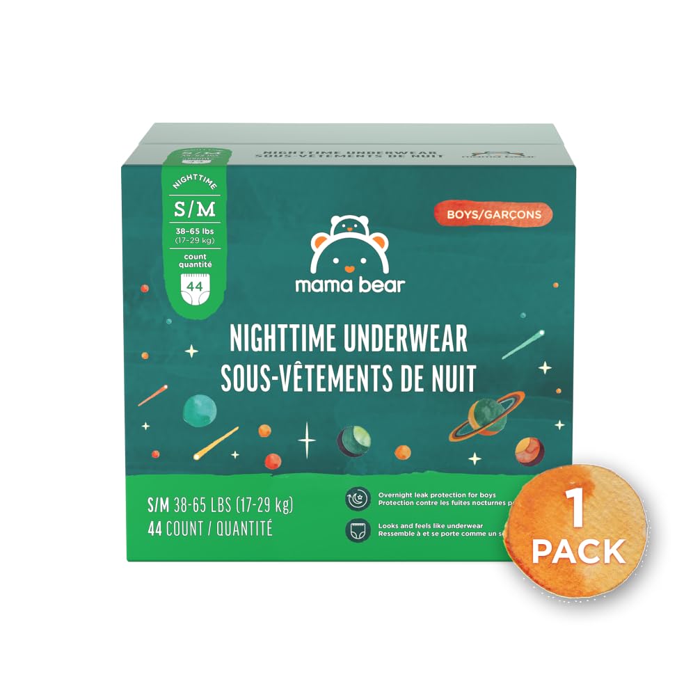 Amazon Brand - Mama Bear Boy's Nighttime Underwear for Bedwetting, Overnight Protection, Hypoallergenic, Size S/M (38-65 lbs), 44 Count, White