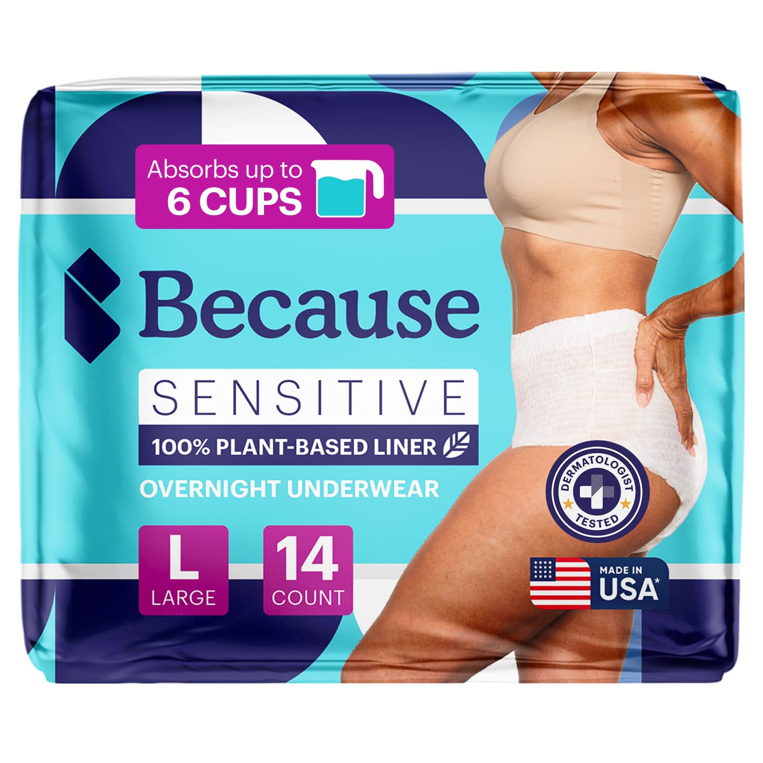 Because Adult Incontinence Underwear for Sensitive Skin - Women - Premium Overnight Disposable Briefs, Anti Odor - White, Large - Absorbs 6 Cups - 14 Count (Pack of 1)