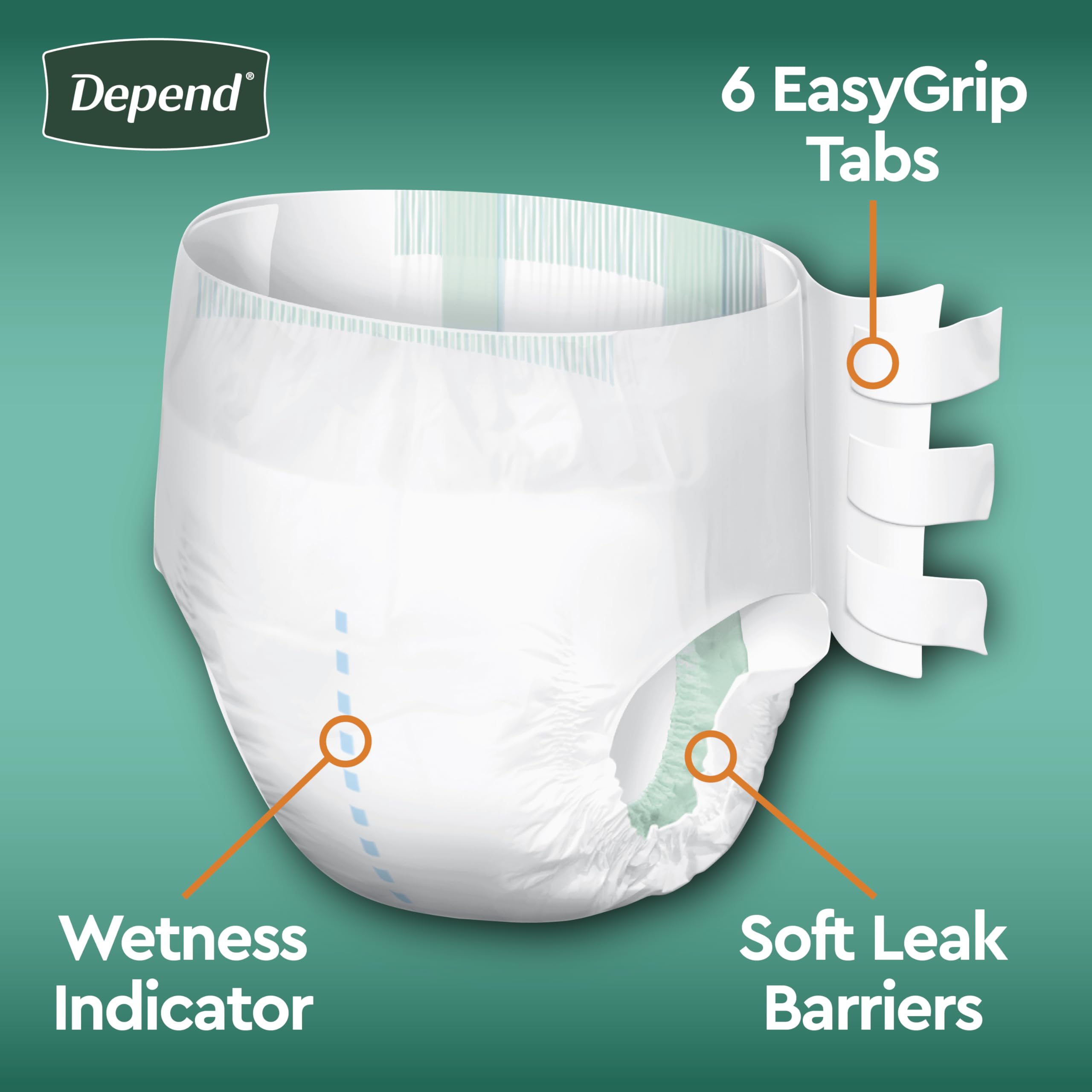 Depend Adult Diapers with Tabs, Incontinence Protection with Tabs, Unisex, Large (35–49" Waist, over 170 lbs), Maximum Absorbency, 48 Count (3 Packs of 16)