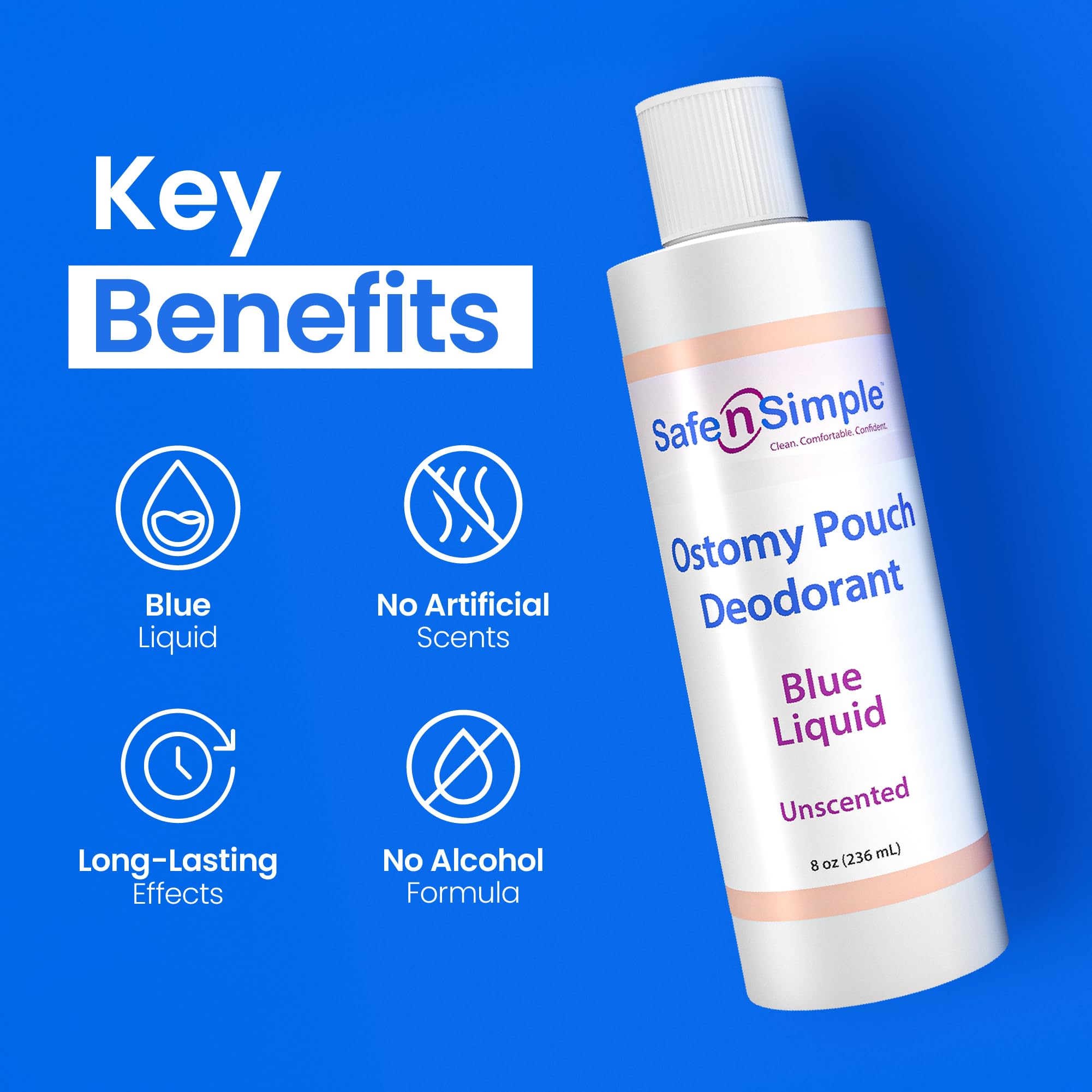 Safe n' Simple Ostomy Deodorant Classic Blue - Odor Eliminator Ostomy - Ostomy Pouch Deodorant - Colostomy Bag Odor Eliminator - Colostomy Bag Deodorizer - 8 Fluid Ounce Drops - Ostomy Accessories