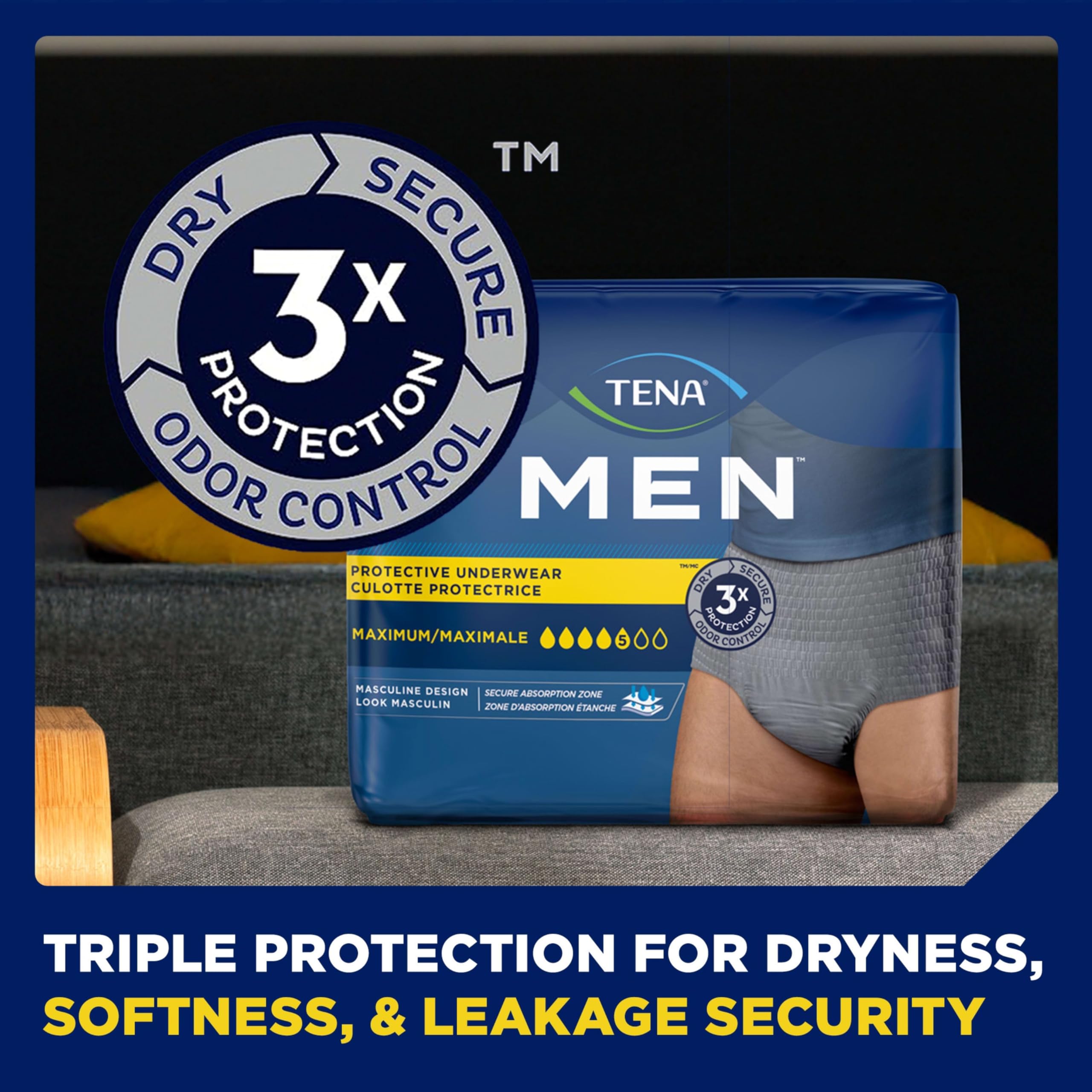Tena Adult Protective Underwear for Men, Maximum Absorbency, XL, 72 Count (Waist Size 45in-58in)