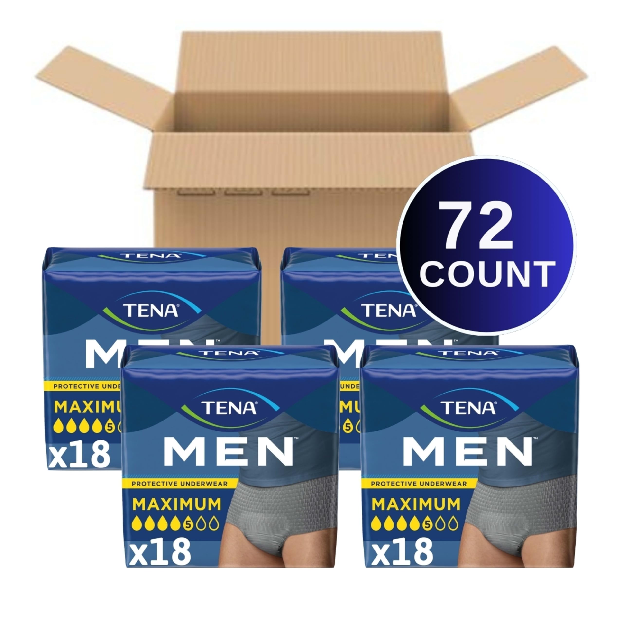 Tena Adult Protective Underwear for Men, Maximum Absorbency, XL, 72 Count (Waist Size 45in-58in)