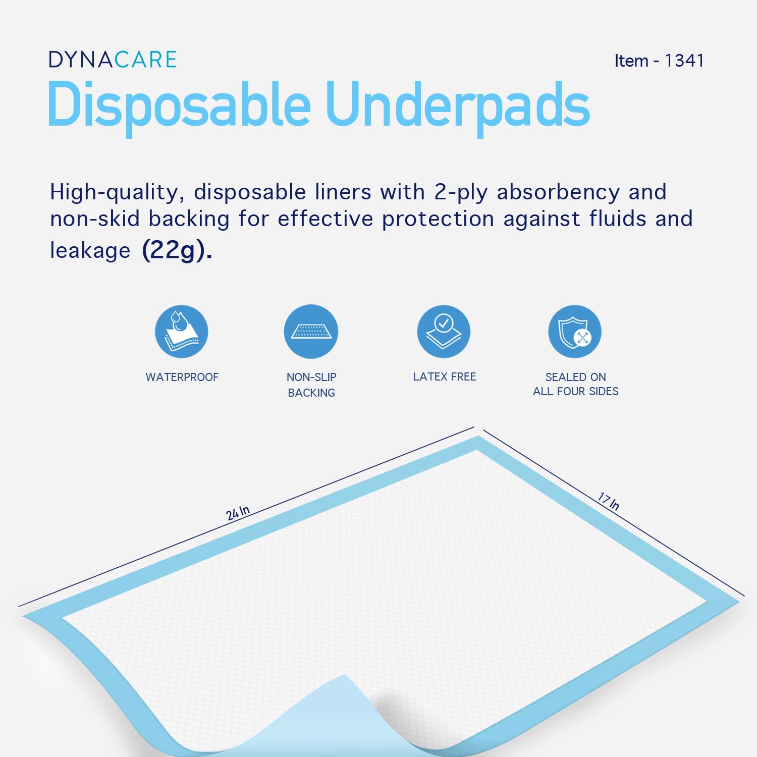 Dynarex Disposable UnderPad, 17" x 24", 22g, 100 Count, Medical-Grade Incontinence Bed Pad to Protect Sheet, Mattresses, and Furniture