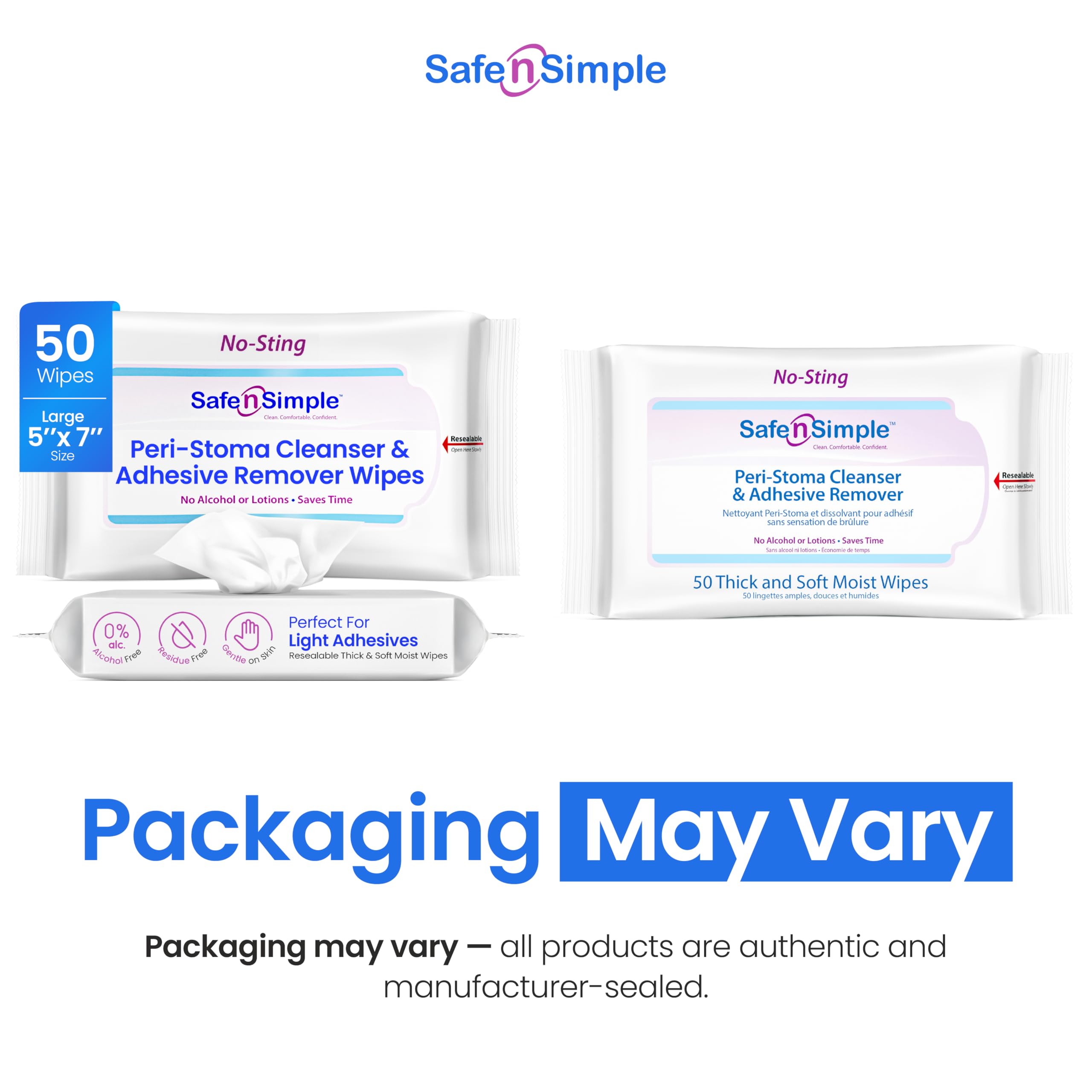 Safe n’ Simple Resealable Adhesive Remover Wipes for Skin - 50 Large 5"x7" No Sting Alcohol Free Medical Adhesive Remover Pads for Ostomy, Stoma Care - Gentle Adhesive Removal Wipes for Bandages, Tape