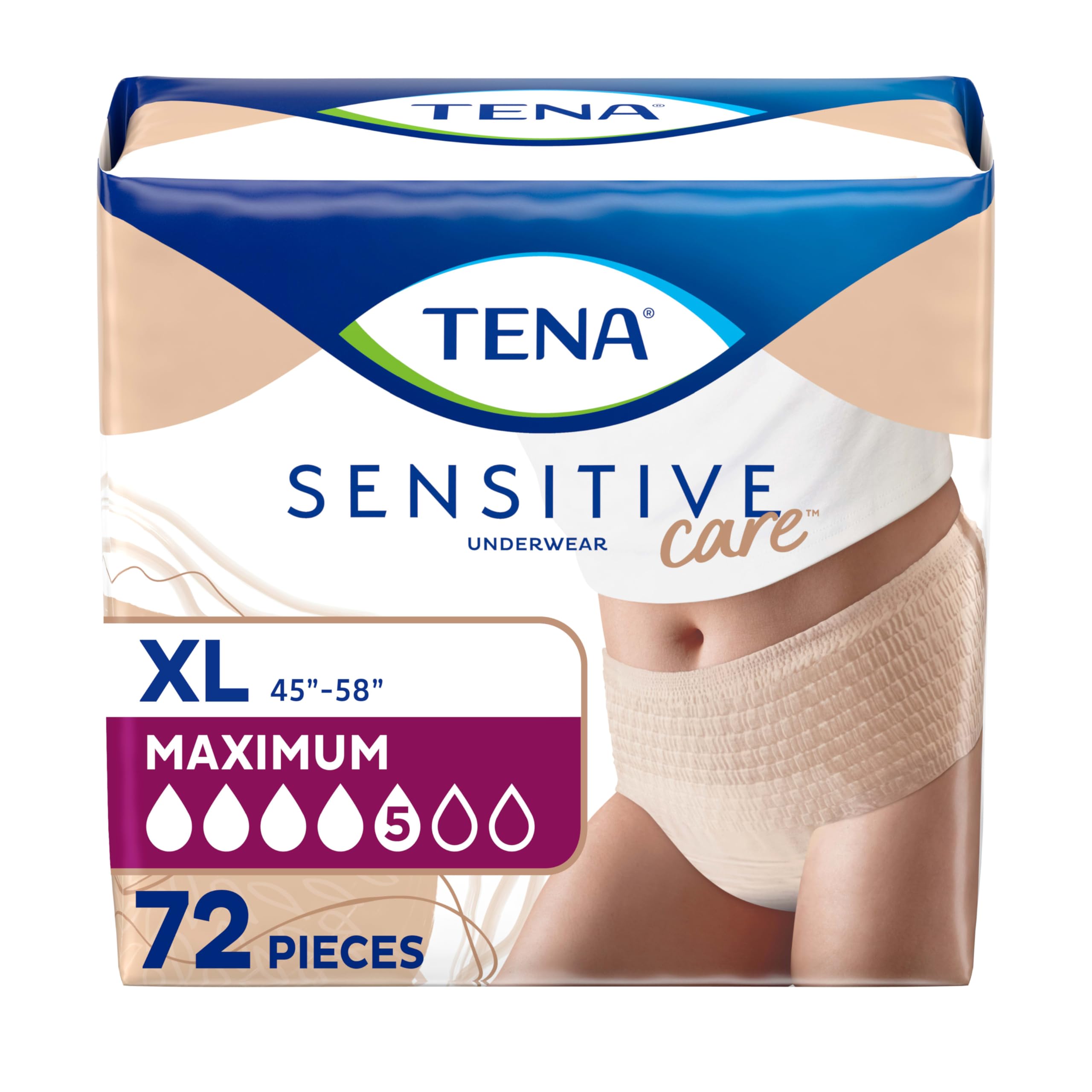 Tena Sensitive Care Adult Incontinence Underwear for Women, Maximum, XL, 72 Count (Waist Size 45in-58in)