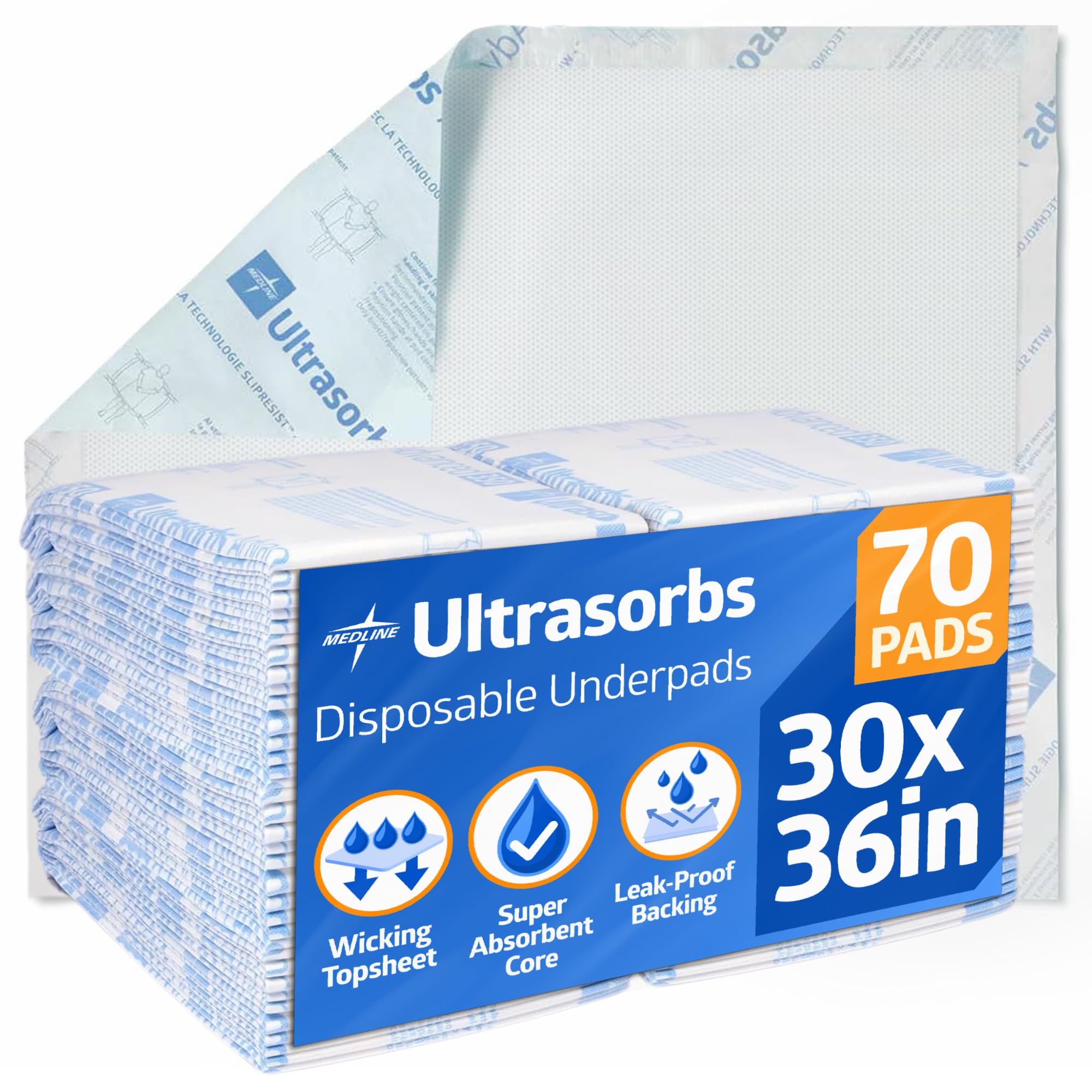 Medline Ultrasorbs Drypads with SlipResist Technology, 30" x 36", 70 Count, Super Absorbent Disposable Bed Pads, Incontinence Bed Pads, Adult Bed Pads, 10x More Absorbent, Chucks for Adults, Elderly