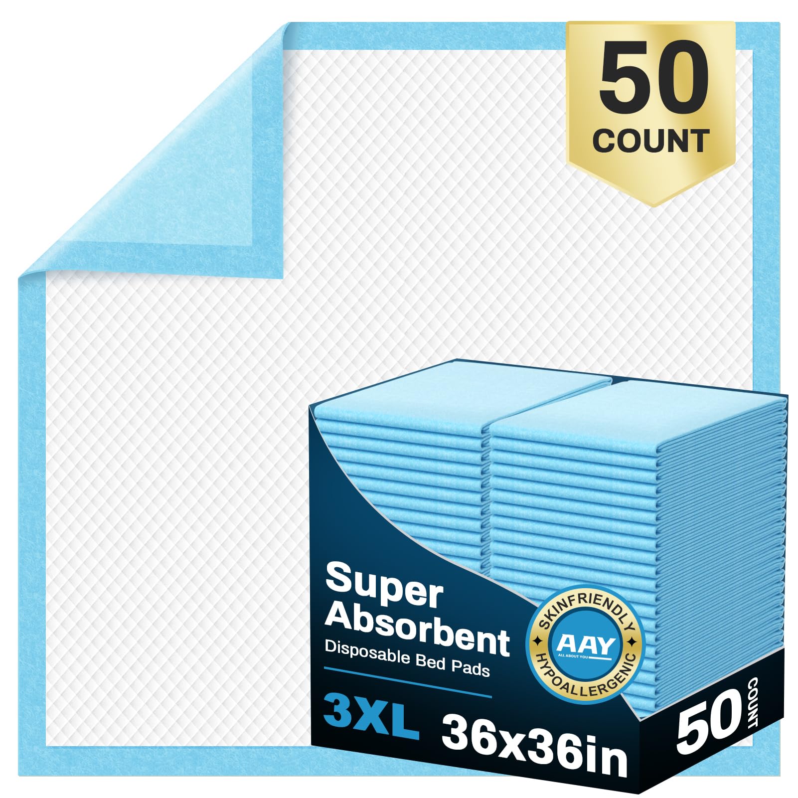 AAY Disposable Bed Pads 36" x 36" (50 Count), Extra Large Disposable Chucks Underpads for Incontinence, Super Absorbency 3XL Premium Leakproof Protective Pee Pads for Adult, Kids, Pet, Puppy Training