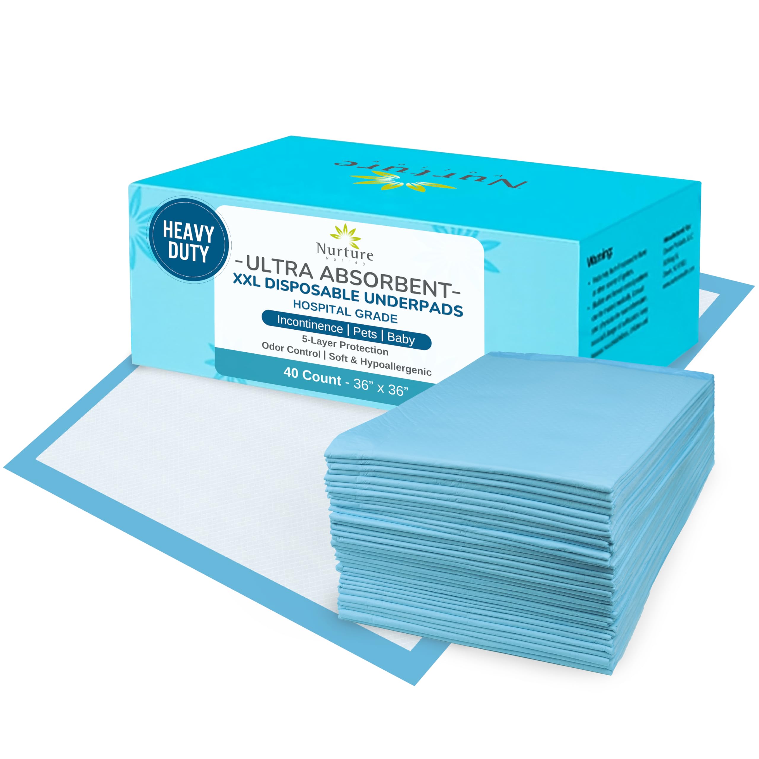 40 XL 36 x 36 Heavy Duty Ultra Absorbent Bed Pads w/ Adhesive by Nurture | Disposable Chux Liners, Underpads, Adult Incontinence Hospital Grade Chucks
