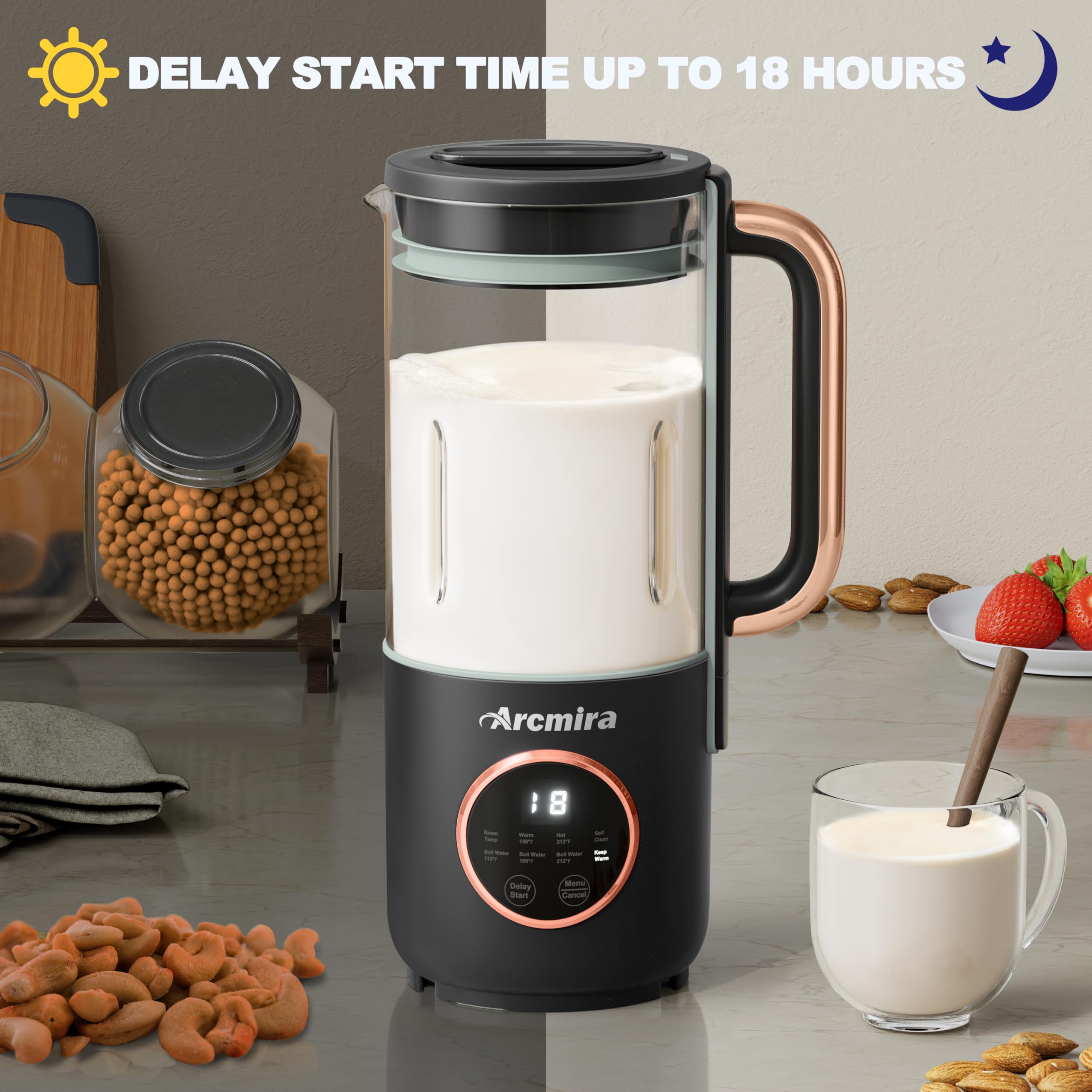 8 in 1 Automatic Nut Milk Maker, 10 Blade 35 oz Homemade Oat, Soy, Plant-Based and Dairy Free Beverages, Almond Milk Maker with Delay Start/Keep Warm/Boil Water, Soy Milk Maker with Nut Milk Bag