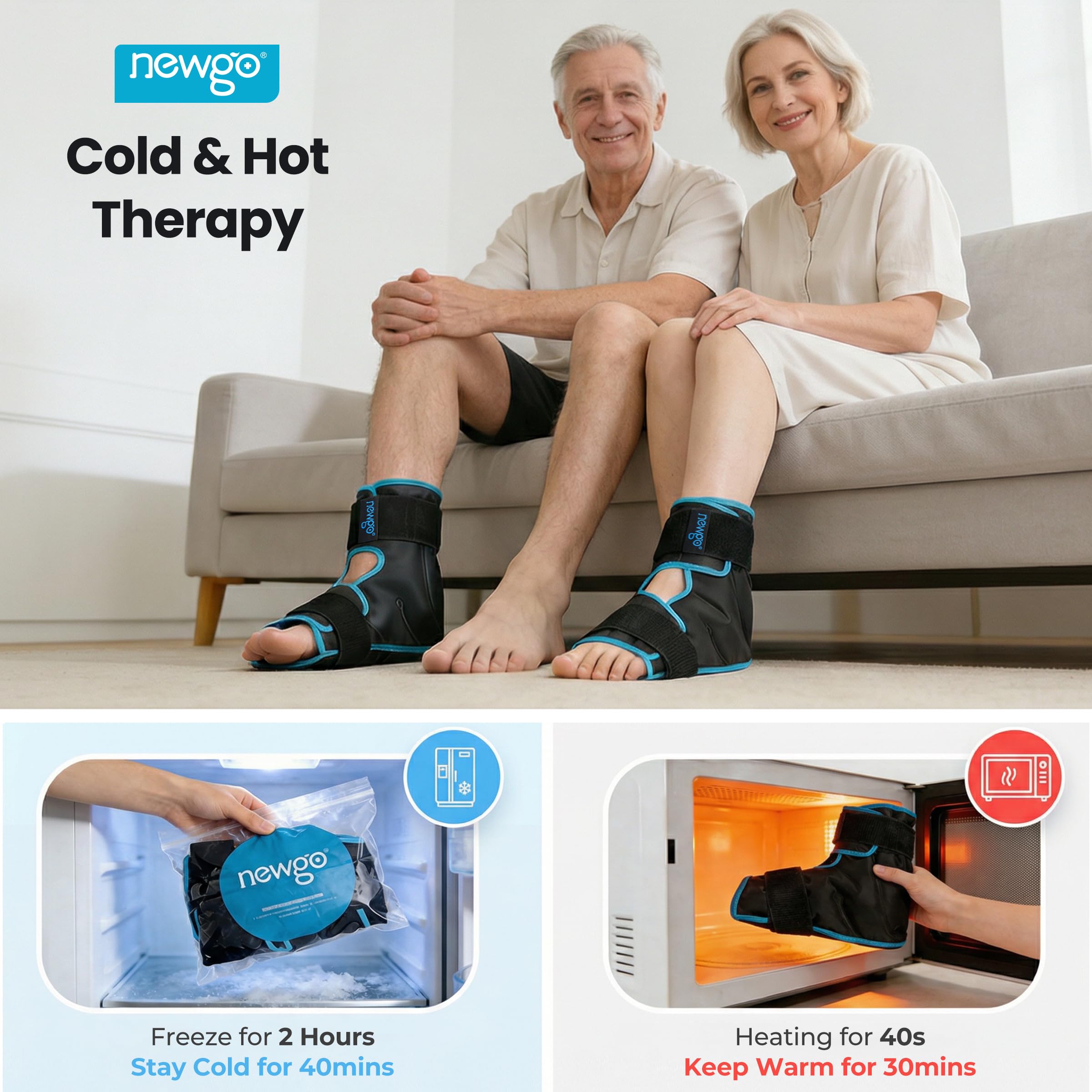 NEWGO Foot Ice Pack Wrap for Plantar Fasciitis Relief, 360° Full Coverage Reusable Gel Ice Boot for Heel & Ankle Pain, Cold Compression for Swelling, Achilles Tendonitis & Ankle Sprain- Black