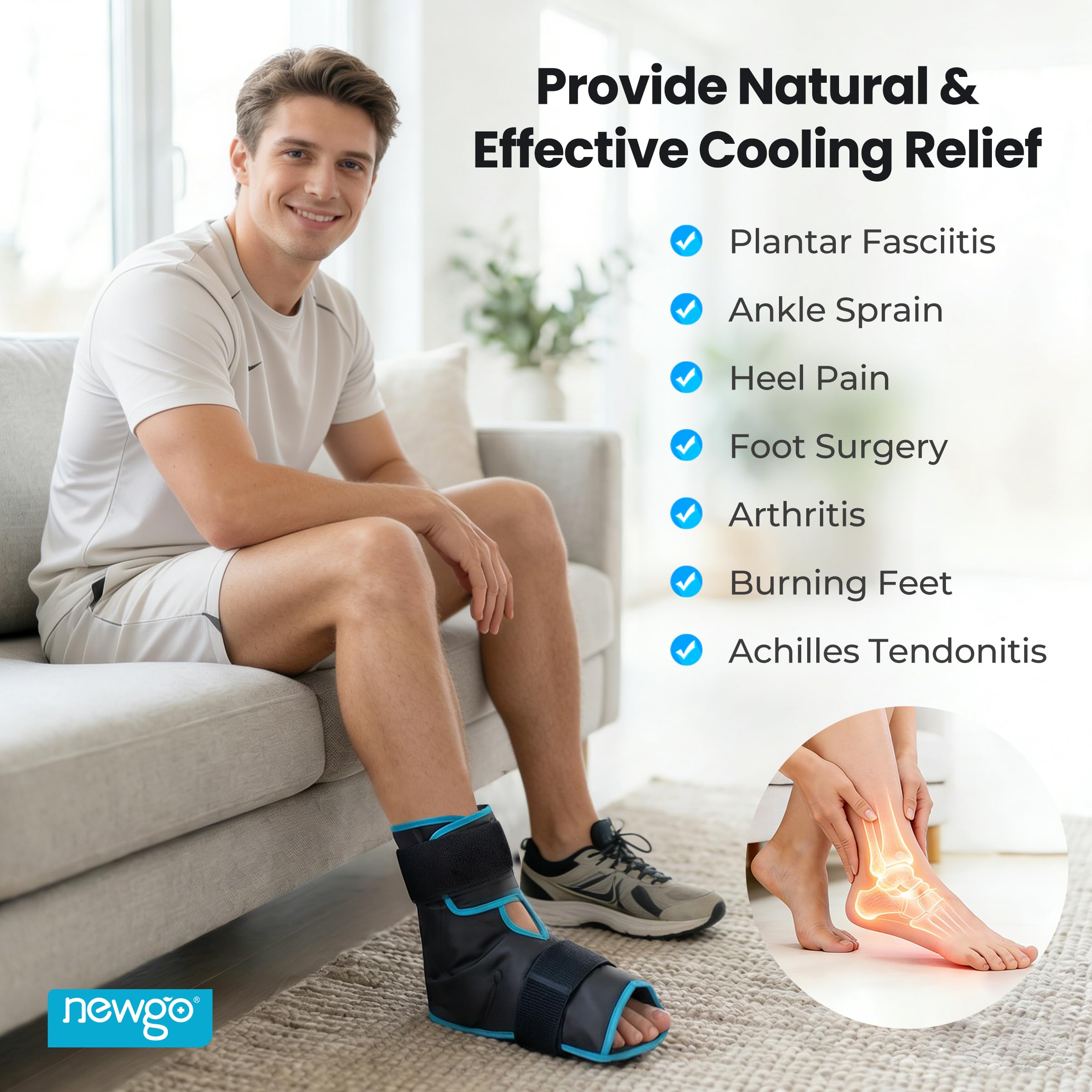 NEWGO Foot Ice Pack Wrap for Plantar Fasciitis Relief, 360° Full Coverage Reusable Gel Ice Boot for Heel & Ankle Pain, Cold Compression for Swelling, Achilles Tendonitis & Ankle Sprain- Black
