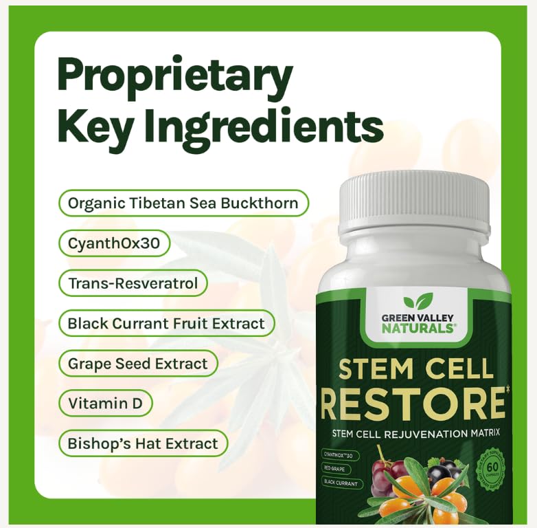 GREEN VALLEY NATURALS Stem Cell Restore | Cellular Rejuvenation Matrix with CYANTHOX™30, Black Currant, Red Grape, Resveratrol & Vitamin D Green Valley Ultra Health Support | 60 Capsules