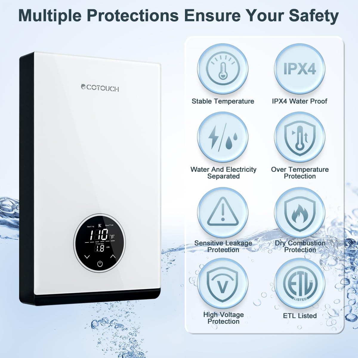 Tankless Hot Water Heater Electric, ECOTOUCH 8kW 240V Instant Water Heater Under Sink Point of Use Water Heaters on Demand with Self Modulating Technology ETL Certificated ECO80S White